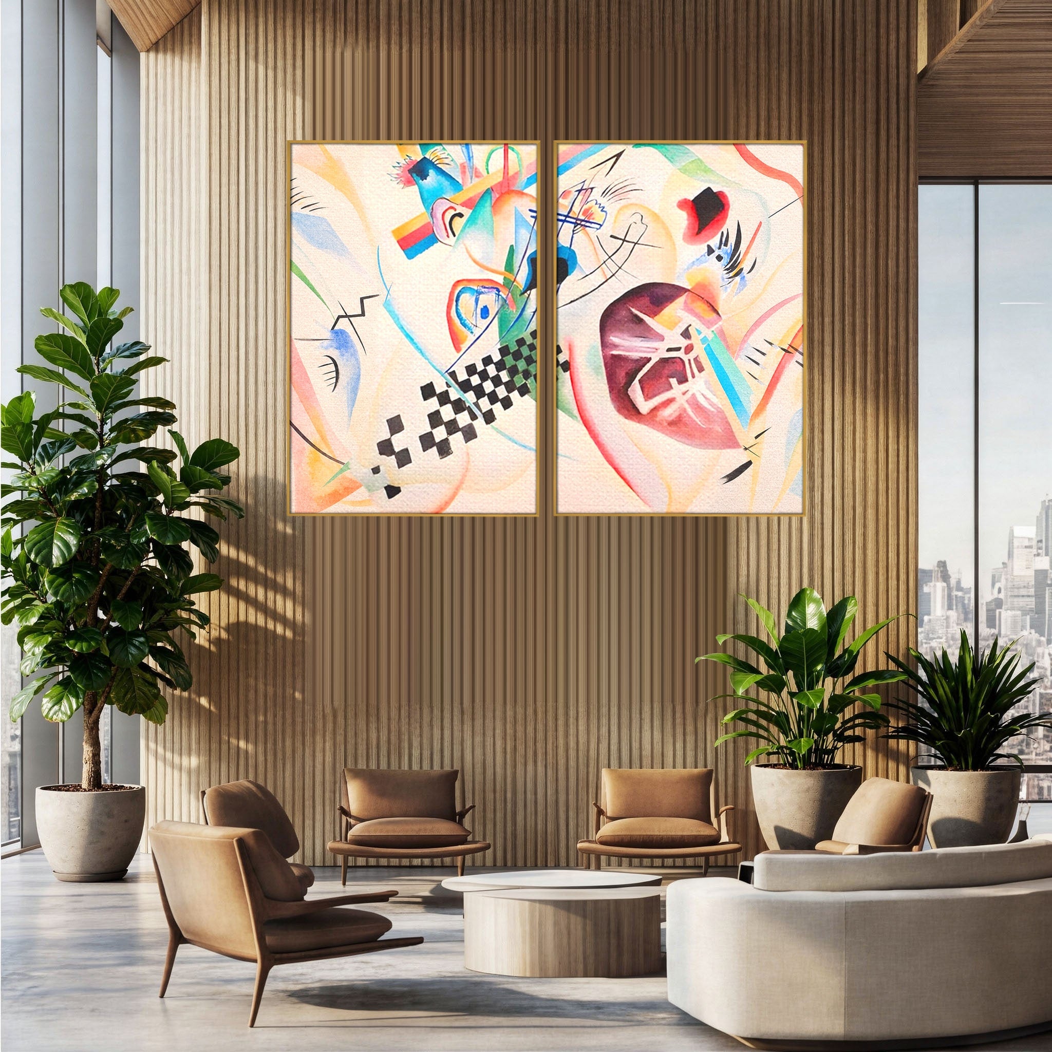 Set 2 Tablouri Canvas Premium LuxCanva® C2-1198, Abstract Paint By Kandinsky, Culori, Decorativ, Living Room, Culori Vibrante