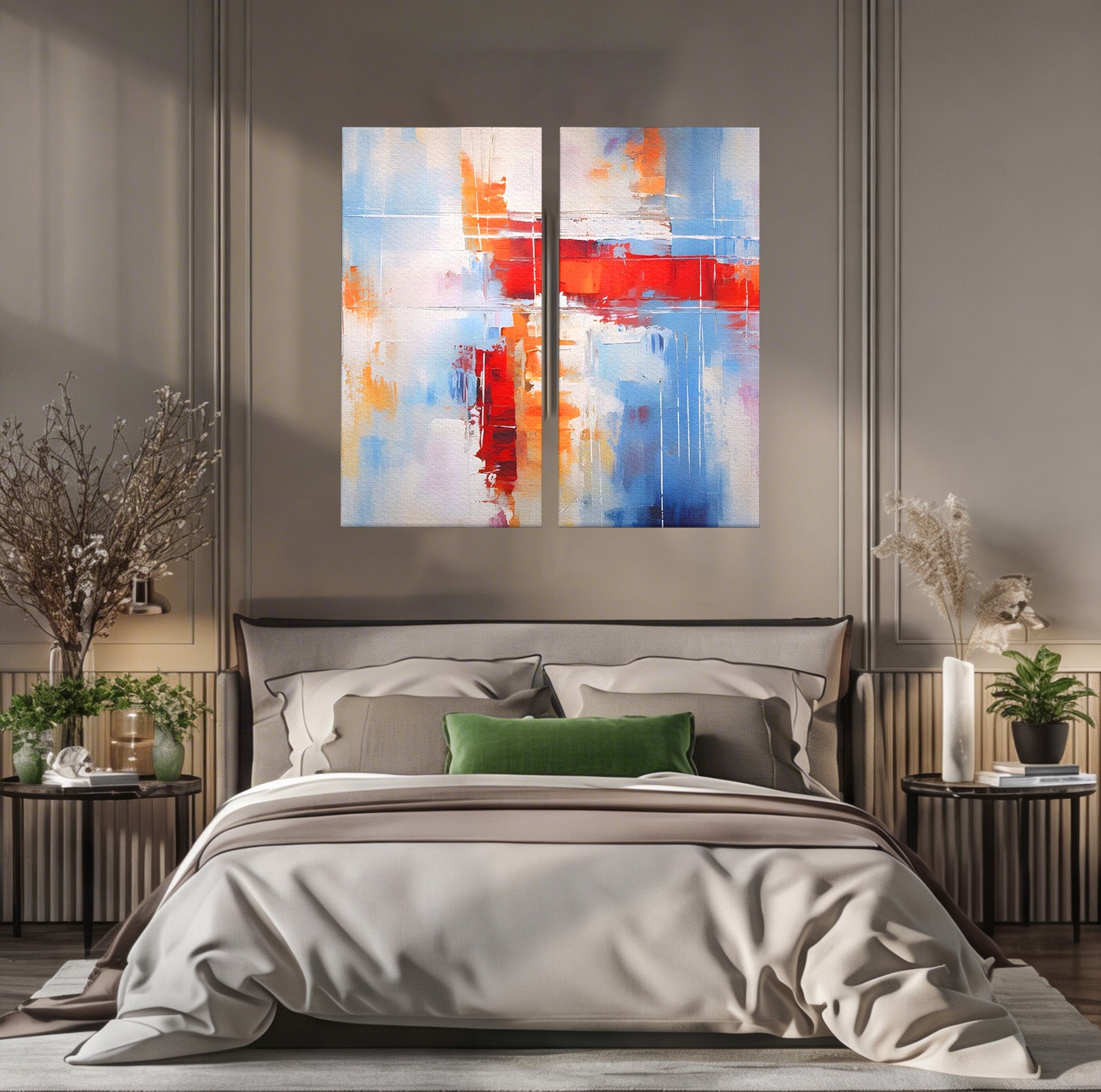 Set 2 Tablouri Canvas Premium LuxCanva® C2-1200, Abstract Blue And Red Painting, Relaxare, Living Room, Culori Vibrante