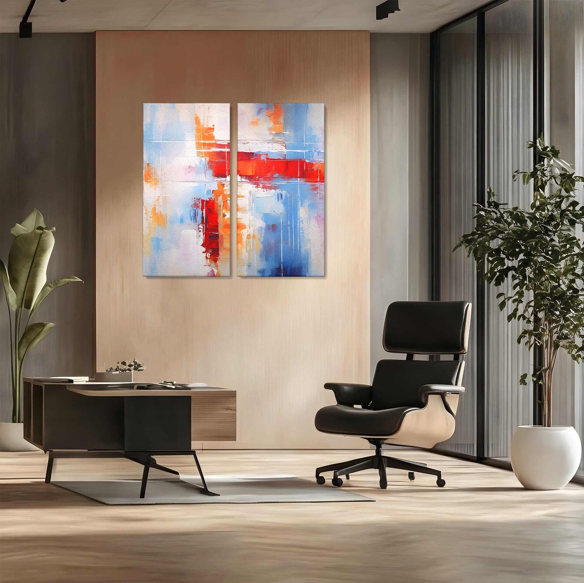 Set 2 Tablouri Canvas Premium LuxCanva® C2-1200, Abstract Blue And Red Painting, Relaxare, Living Room, Culori Vibrante
