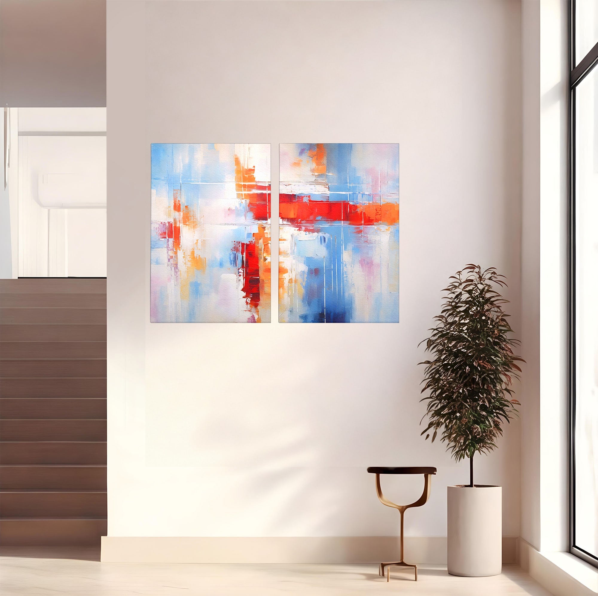 Set 2 Tablouri Canvas Premium LuxCanva® C2-1200, Abstract Blue And Red Painting, Relaxare, Living Room, Culori Vibrante