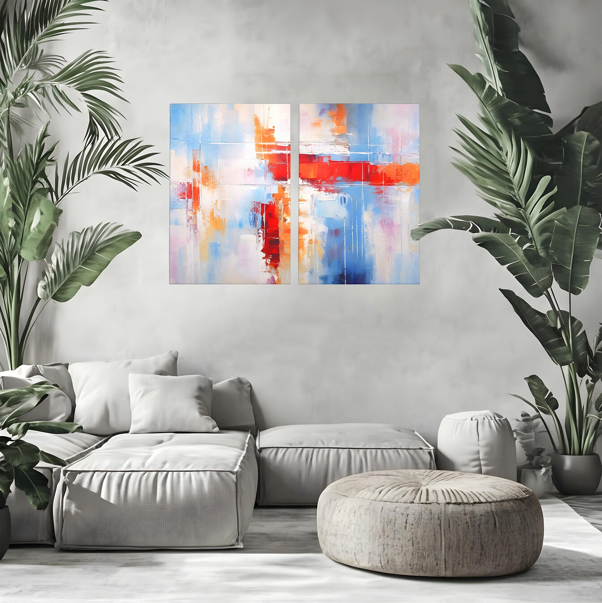 Set 2 Tablouri Canvas Premium LuxCanva® C2-1200, Abstract Blue And Red Painting, Relaxare, Living Room, Culori Vibrante