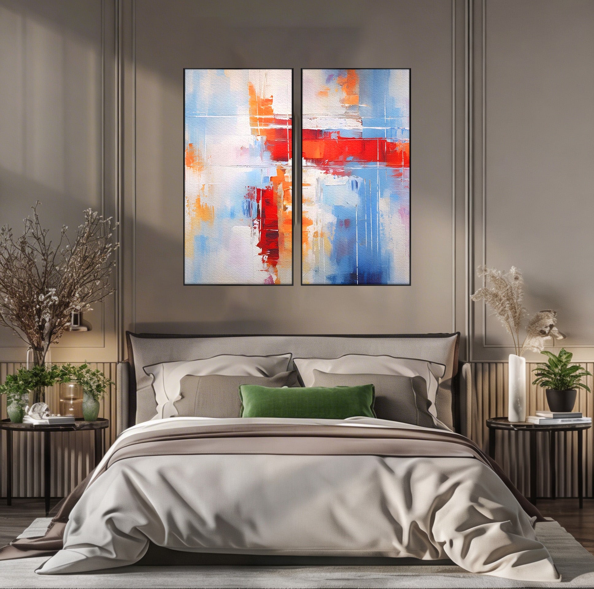 Set 2 Tablouri Canvas Premium LuxCanva® C2-1200, Abstract Blue And Red Painting, Relaxare, Living Room, Culori Vibrante