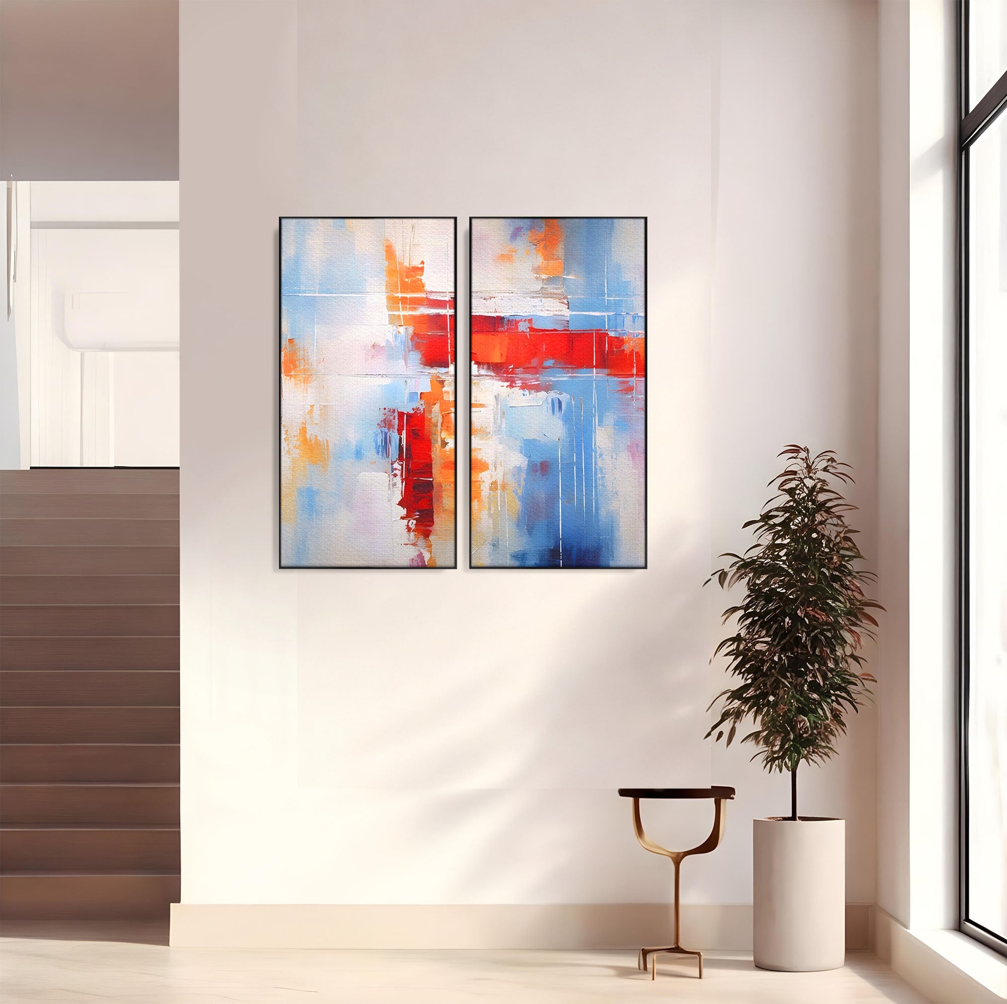 Set 2 Tablouri Canvas Premium LuxCanva® C2-1200, Abstract Blue And Red Painting, Relaxare, Living Room, Culori Vibrante