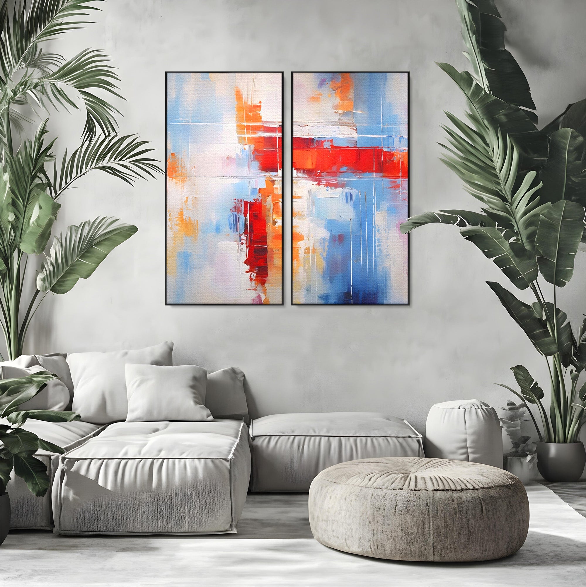 Set 2 Tablouri Canvas Premium LuxCanva® C2-1200, Abstract Blue And Red Painting, Relaxare, Living Room, Culori Vibrante