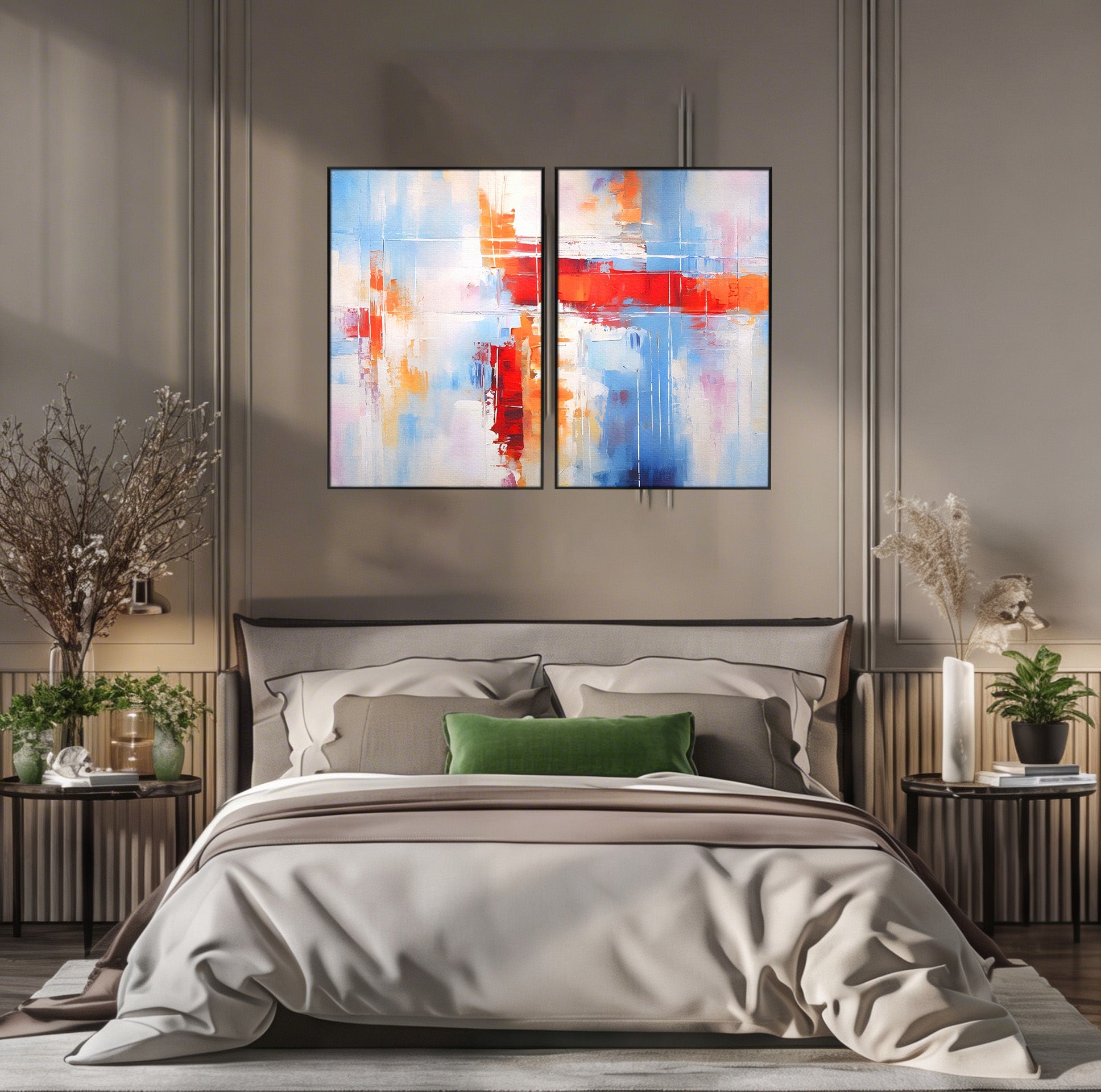 Set 2 Tablouri Canvas Premium LuxCanva® C2-1200, Abstract Blue And Red Painting, Relaxare, Living Room, Culori Vibrante