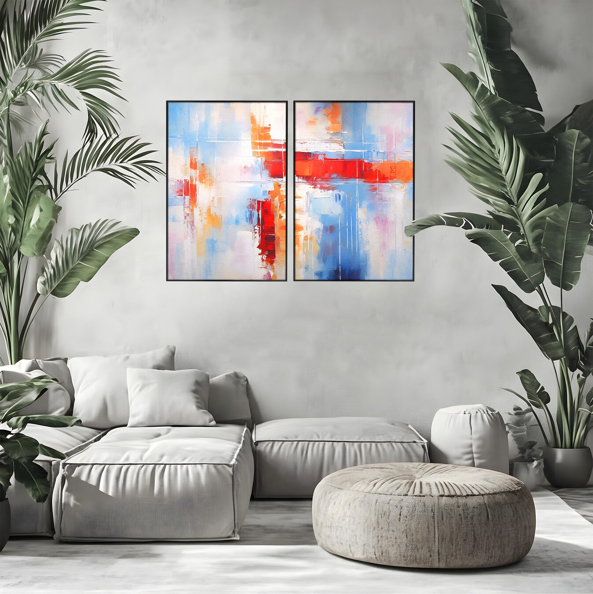 Set 2 Tablouri Canvas Premium LuxCanva® C2-1200, Abstract Blue And Red Painting, Relaxare, Living Room, Culori Vibrante
