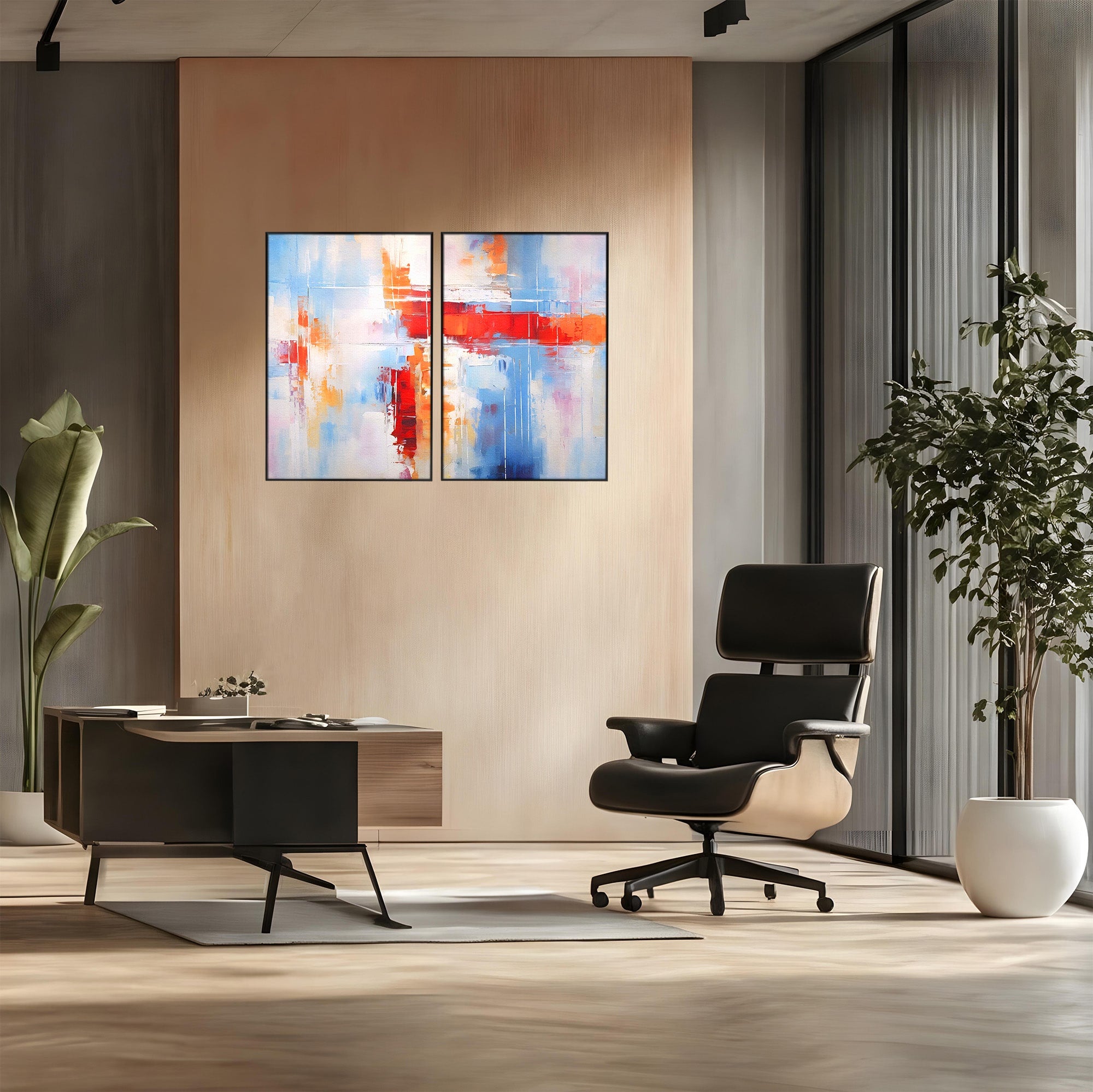 Set 2 Tablouri Canvas Premium LuxCanva® C2-1200, Abstract Blue And Red Painting, Relaxare, Living Room, Culori Vibrante