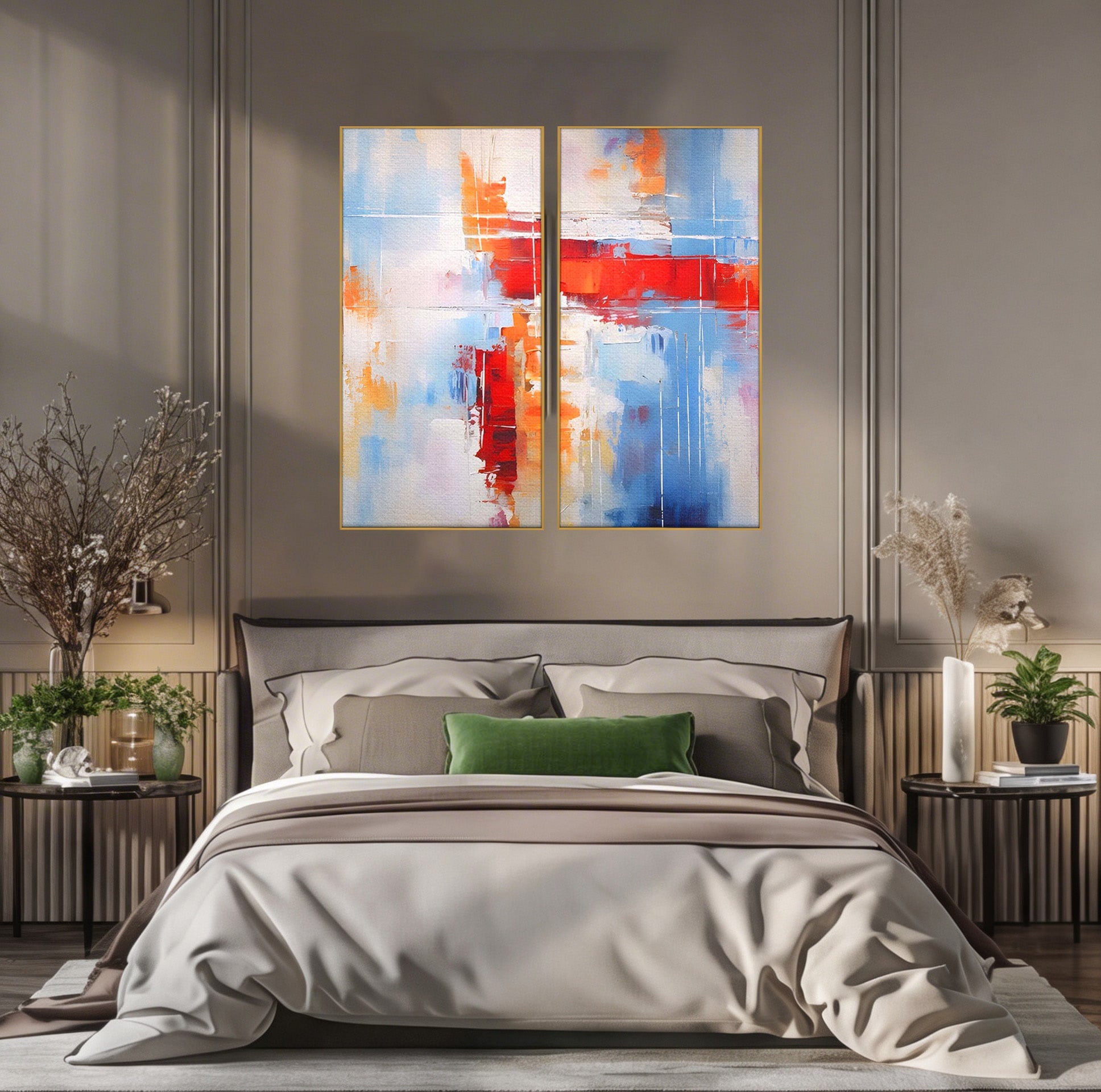 Set 2 Tablouri Canvas Premium LuxCanva® C2-1200, Abstract Blue And Red Painting, Relaxare, Living Room, Culori Vibrante
