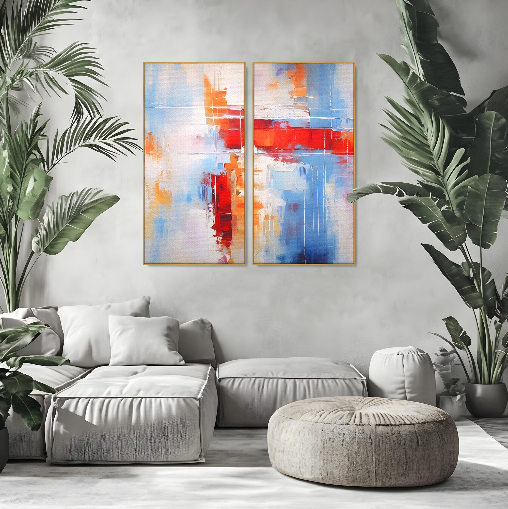 Set 2 Tablouri Canvas Premium LuxCanva® C2-1200, Abstract Blue And Red Painting, Relaxare, Living Room, Culori Vibrante