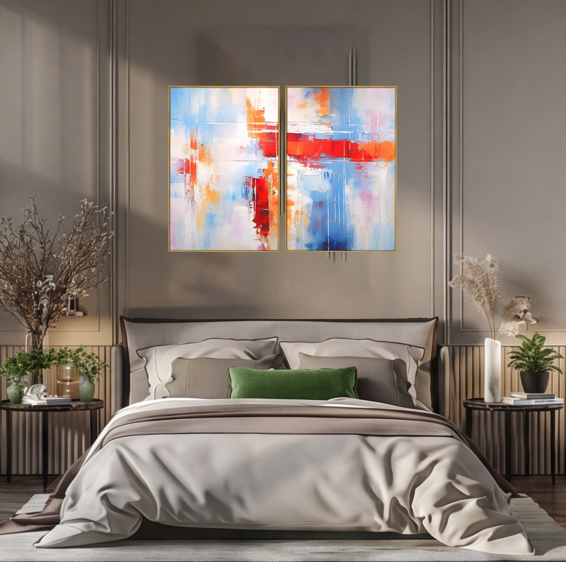 Set 2 Tablouri Canvas Premium LuxCanva® C2-1200, Abstract Blue And Red Painting, Relaxare, Living Room, Culori Vibrante