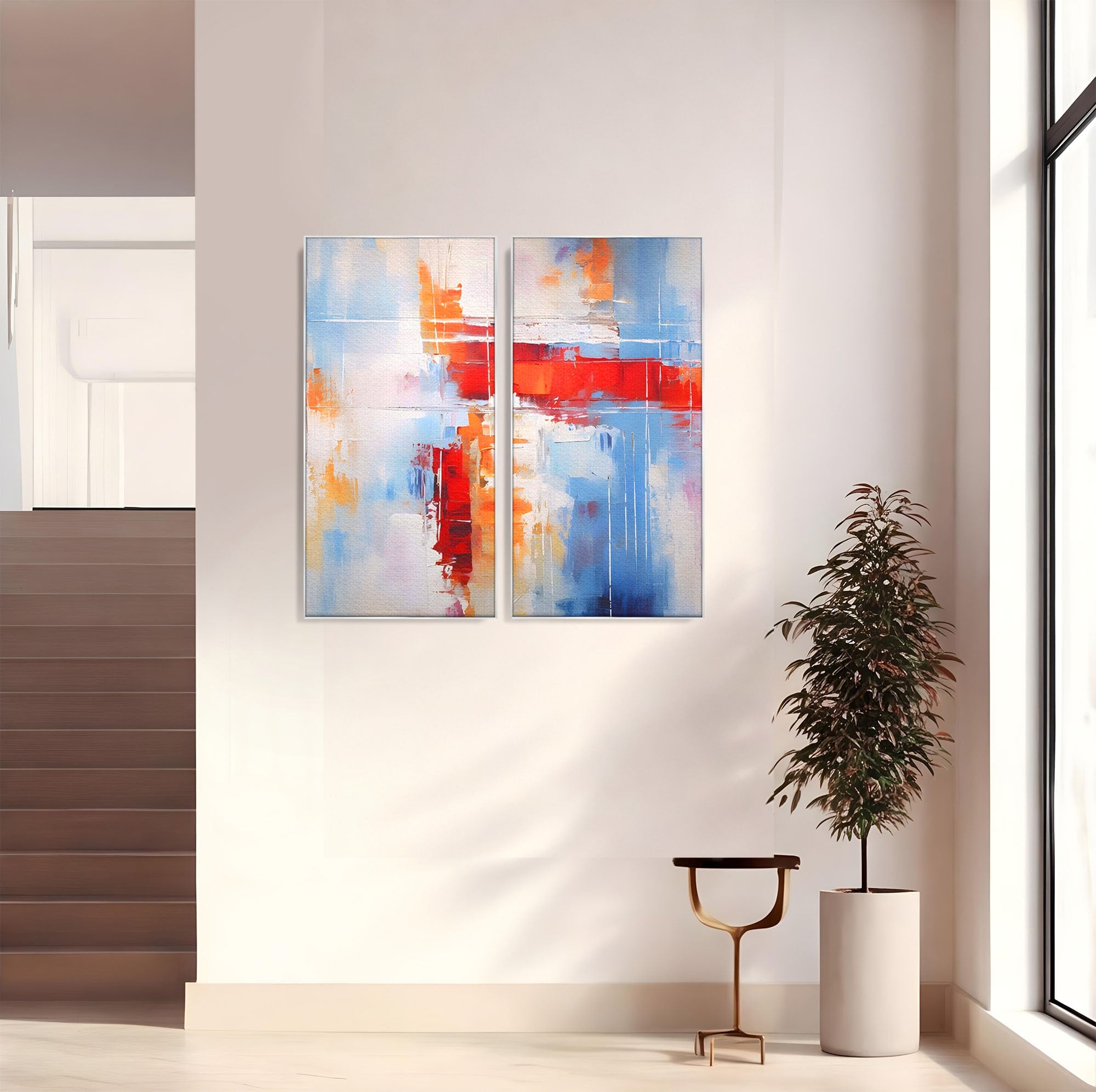 Set 2 Tablouri Canvas Premium LuxCanva® C2-1200, Abstract Blue And Red Painting, Relaxare, Living Room, Culori Vibrante