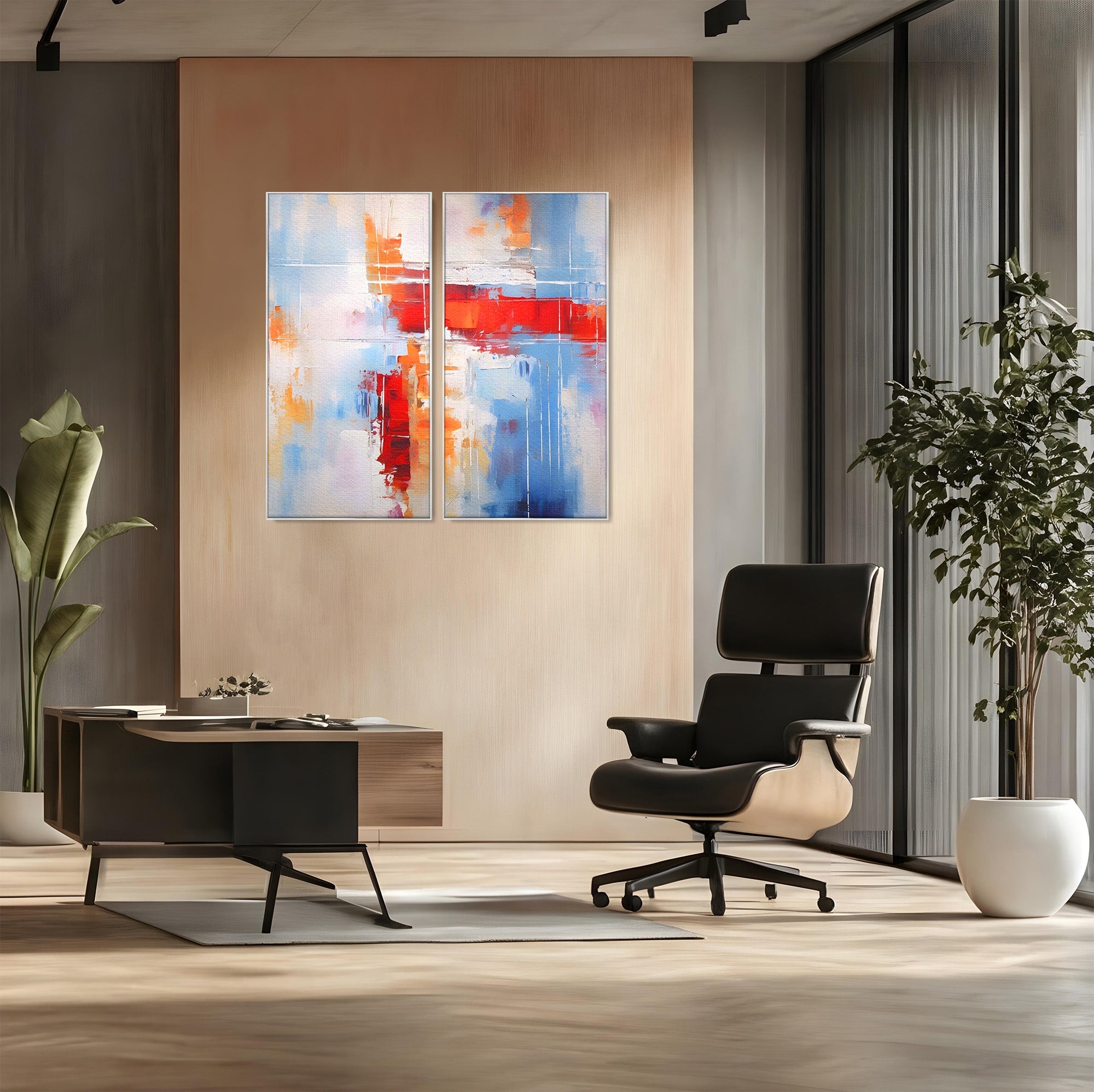 Set 2 Tablouri Canvas Premium LuxCanva® C2-1200, Abstract Blue And Red Painting, Relaxare, Living Room, Culori Vibrante