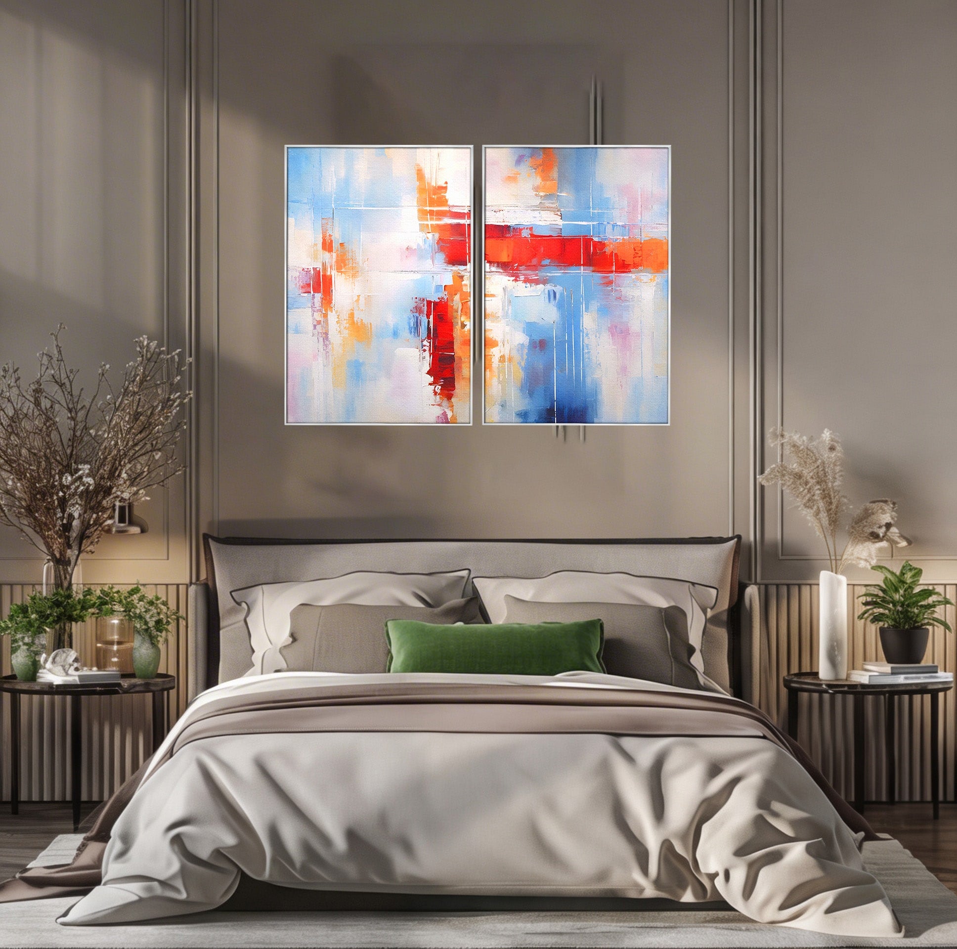 Set 2 Tablouri Canvas Premium LuxCanva® C2-1200, Abstract Blue And Red Painting, Relaxare, Living Room, Culori Vibrante