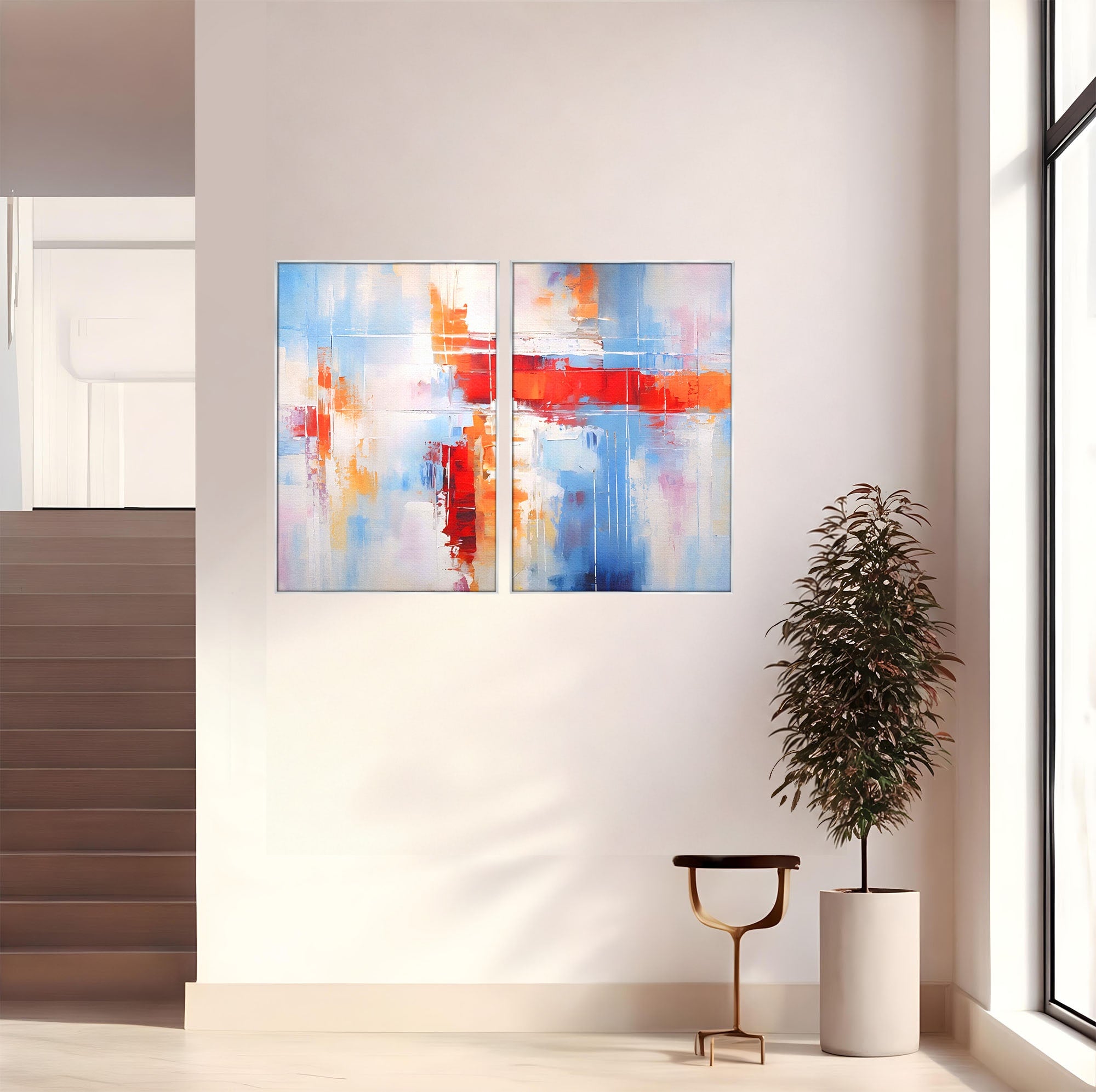 Set 2 Tablouri Canvas Premium LuxCanva® C2-1200, Abstract Blue And Red Painting, Relaxare, Living Room, Culori Vibrante