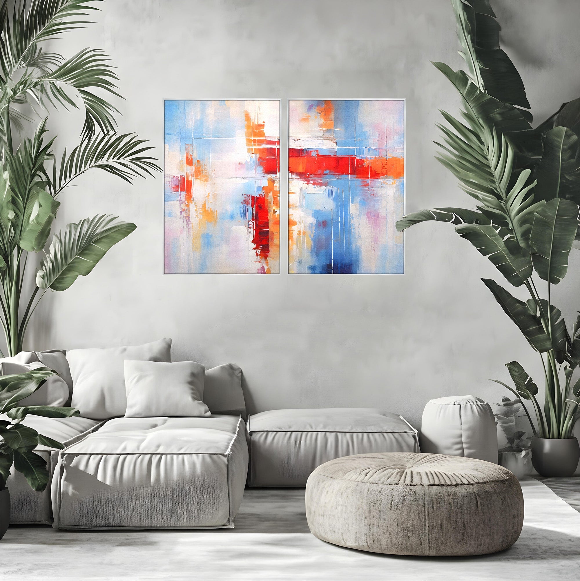 Set 2 Tablouri Canvas Premium LuxCanva® C2-1200, Abstract Blue And Red Painting, Relaxare, Living Room, Culori Vibrante