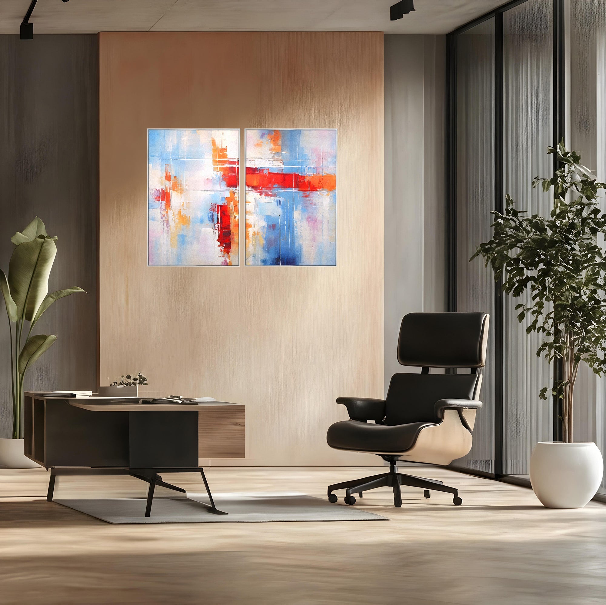 Set 2 Tablouri Canvas Premium LuxCanva® C2-1200, Abstract Blue And Red Painting, Relaxare, Living Room, Culori Vibrante