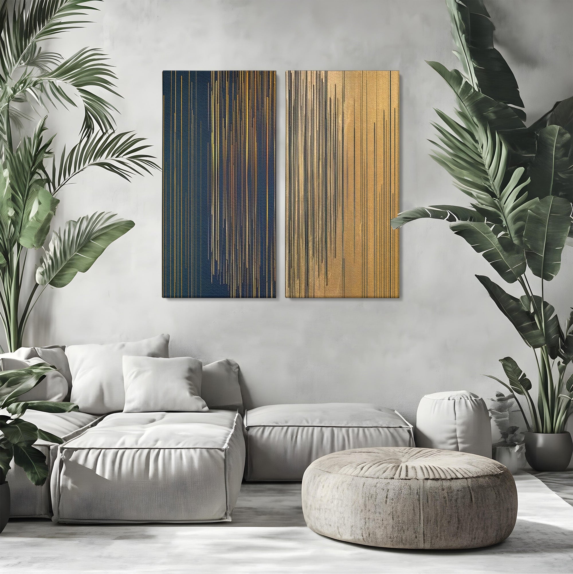Set 2 Tablouri Canvas Premium LuxCanva® C2-1202, Gold And Black Stripes, Relaxare, Living Room, Culori Vibrante