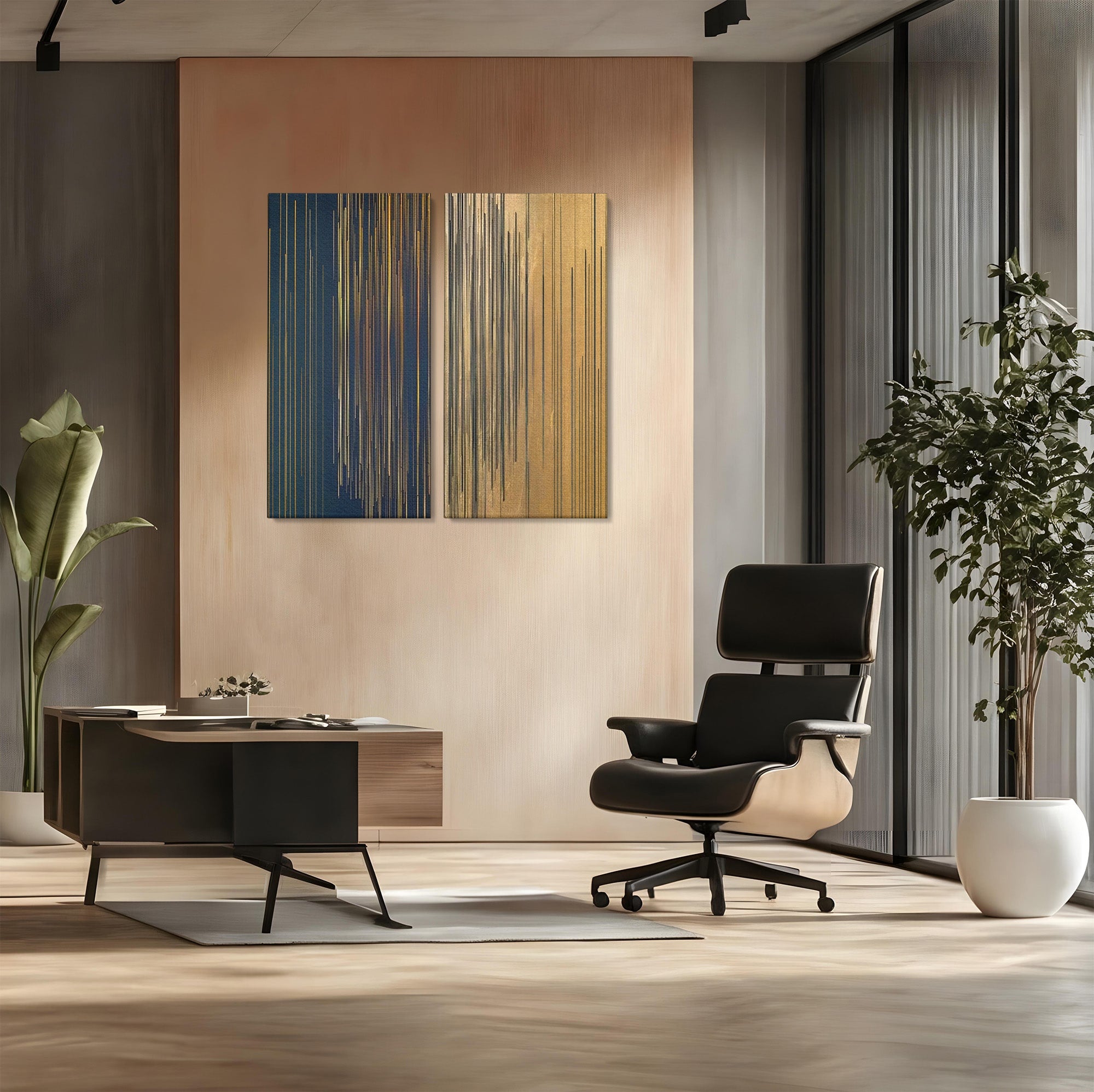 Set 2 Tablouri Canvas Premium LuxCanva® C2-1202, Gold And Black Stripes, Relaxare, Living Room, Culori Vibrante