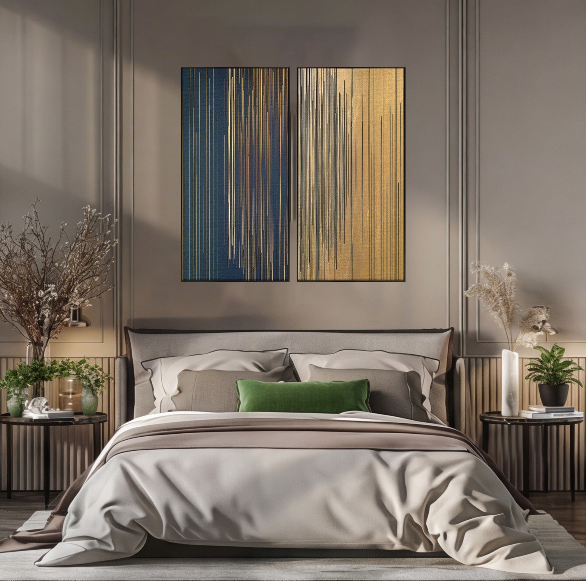 Set 2 Tablouri Canvas Premium LuxCanva® C2-1202, Gold And Black Stripes, Relaxare, Living Room, Culori Vibrante