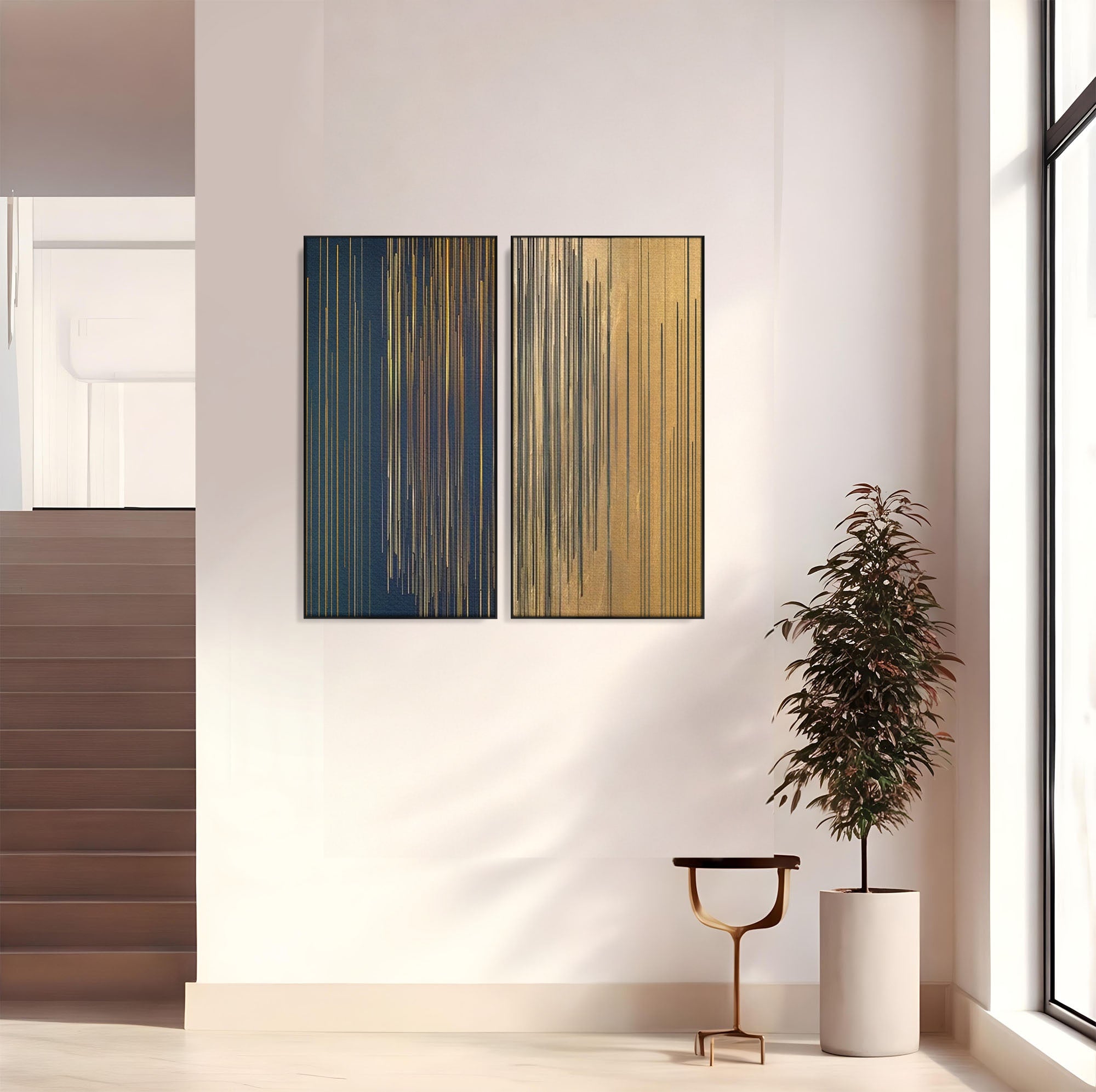 Set 2 Tablouri Canvas Premium LuxCanva® C2-1202, Gold And Black Stripes, Relaxare, Living Room, Culori Vibrante