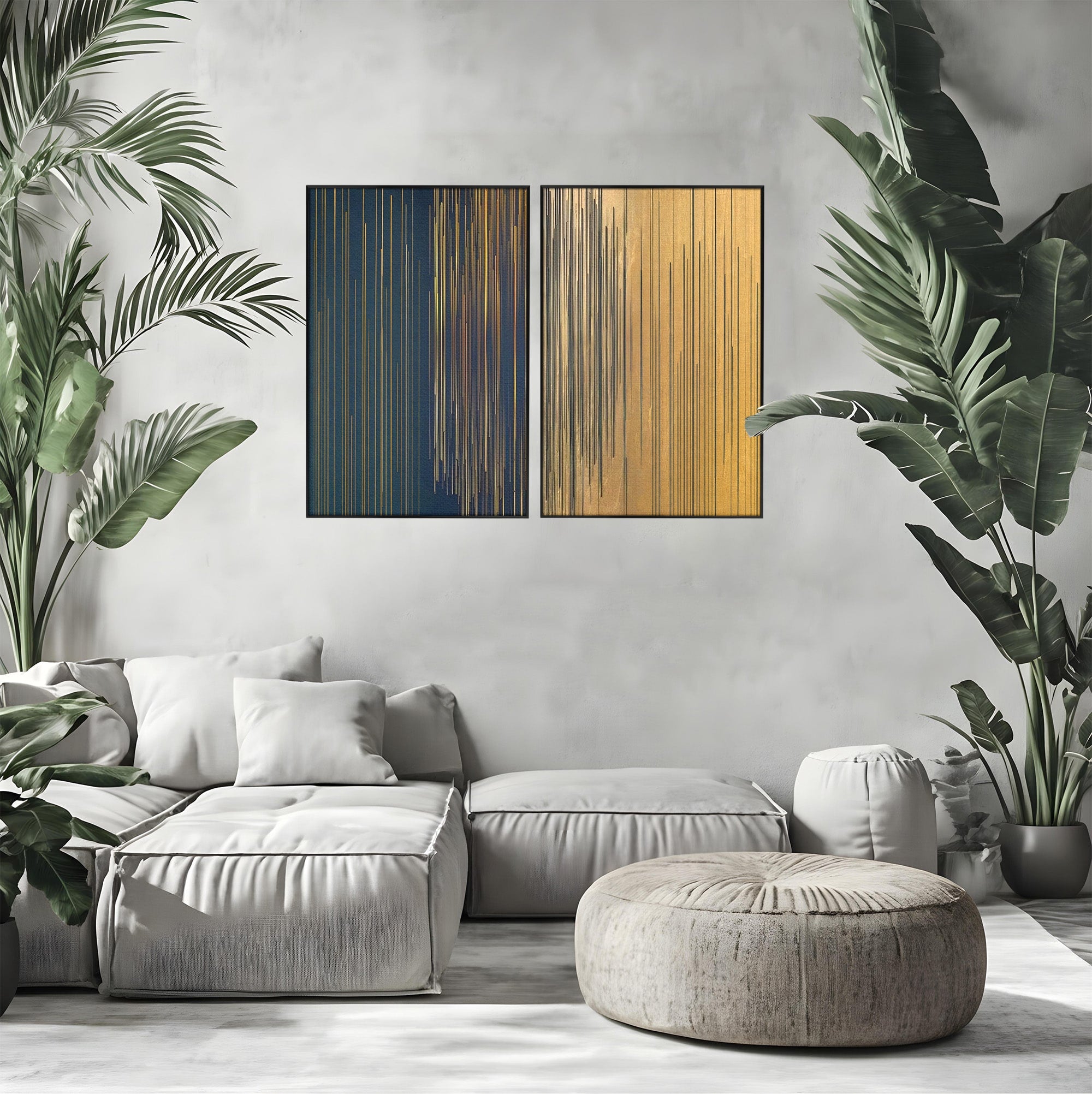 Set 2 Tablouri Canvas Premium LuxCanva® C2-1202, Gold And Black Stripes, Relaxare, Living Room, Culori Vibrante