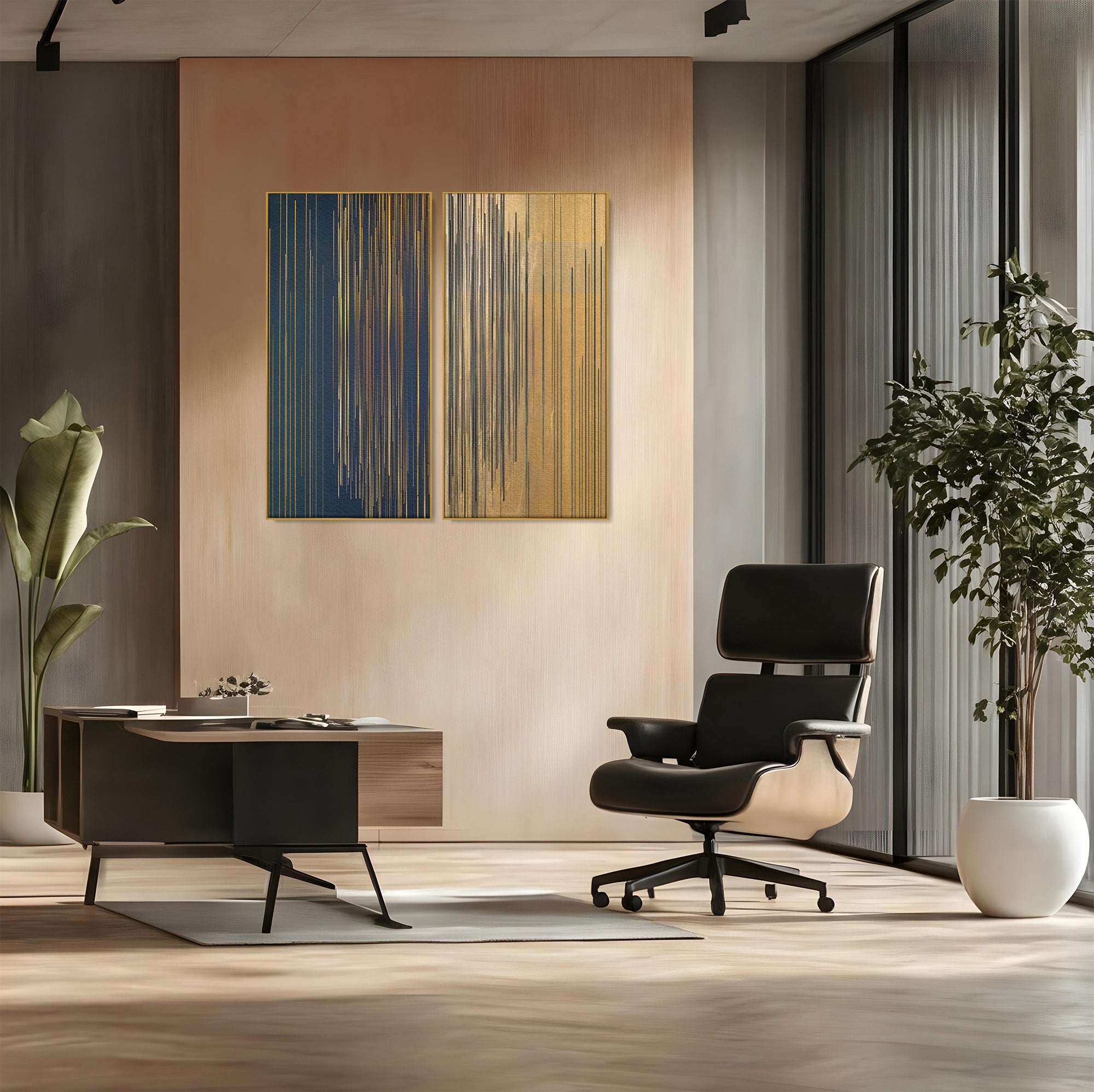 Set 2 Tablouri Canvas Premium LuxCanva® C2-1202, Gold And Black Stripes, Relaxare, Living Room, Culori Vibrante