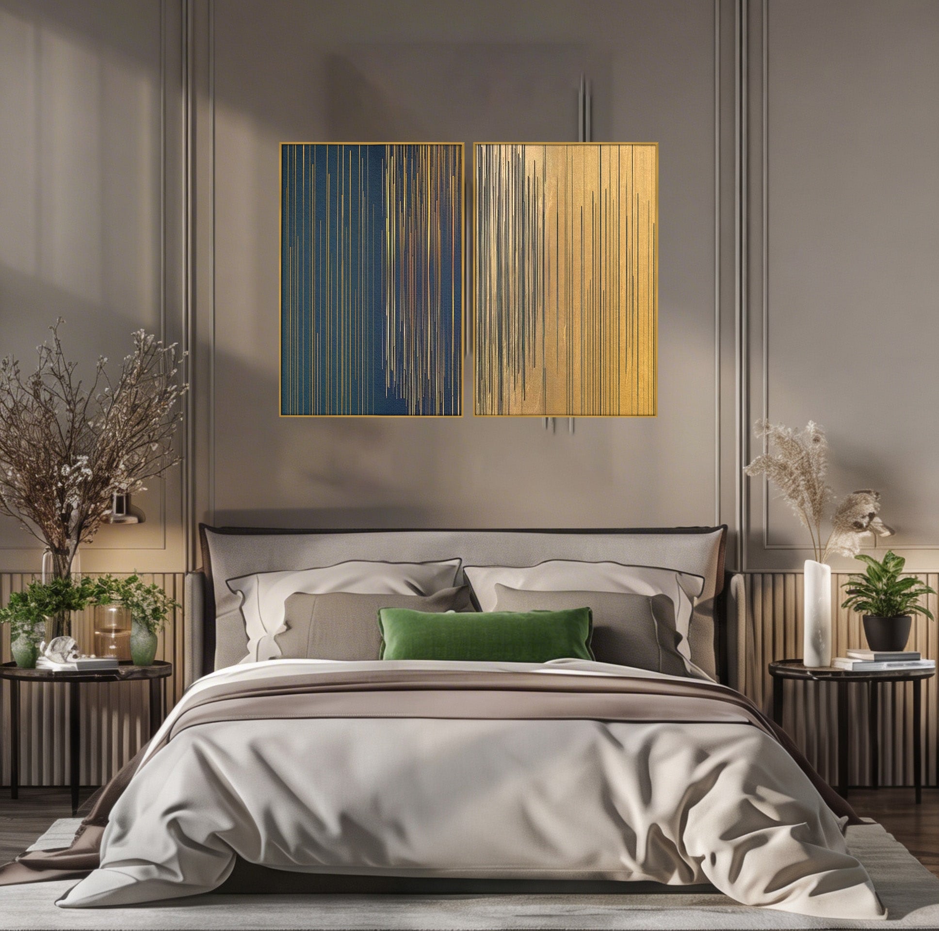 Set 2 Tablouri Canvas Premium LuxCanva® C2-1202, Gold And Black Stripes, Relaxare, Living Room, Culori Vibrante