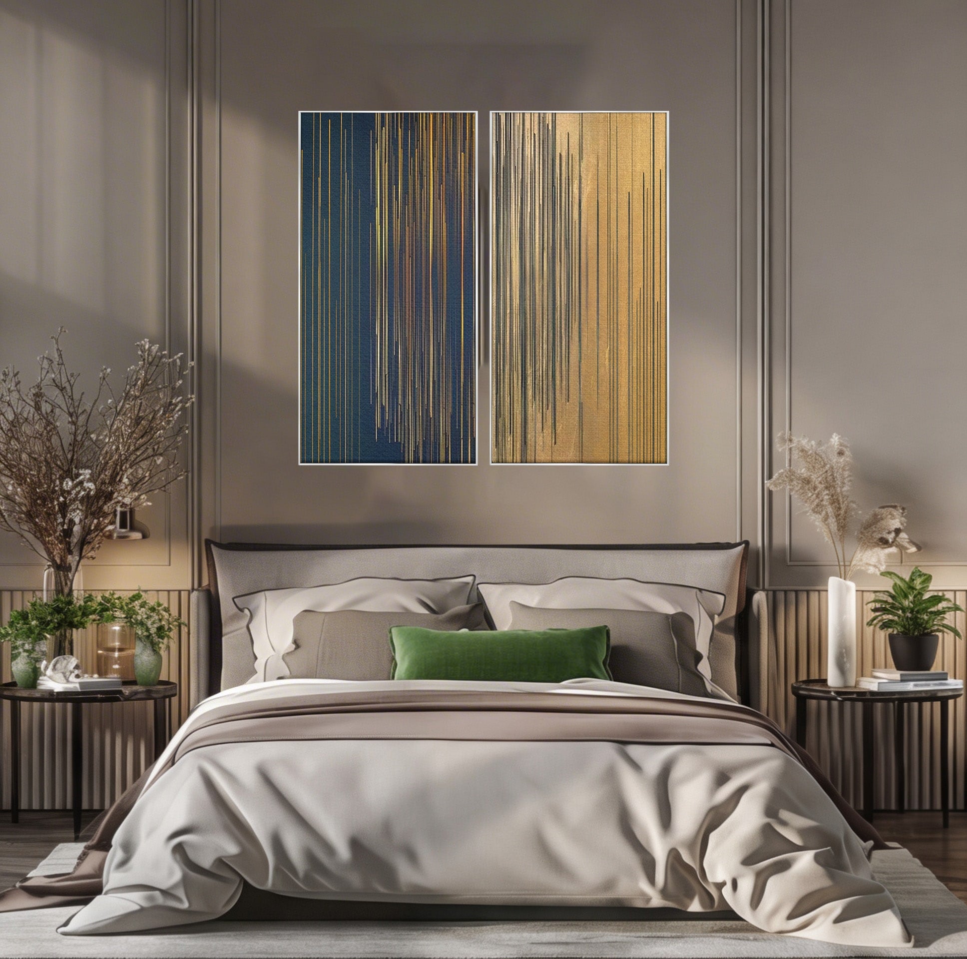Set 2 Tablouri Canvas Premium LuxCanva® C2-1202, Gold And Black Stripes, Relaxare, Living Room, Culori Vibrante