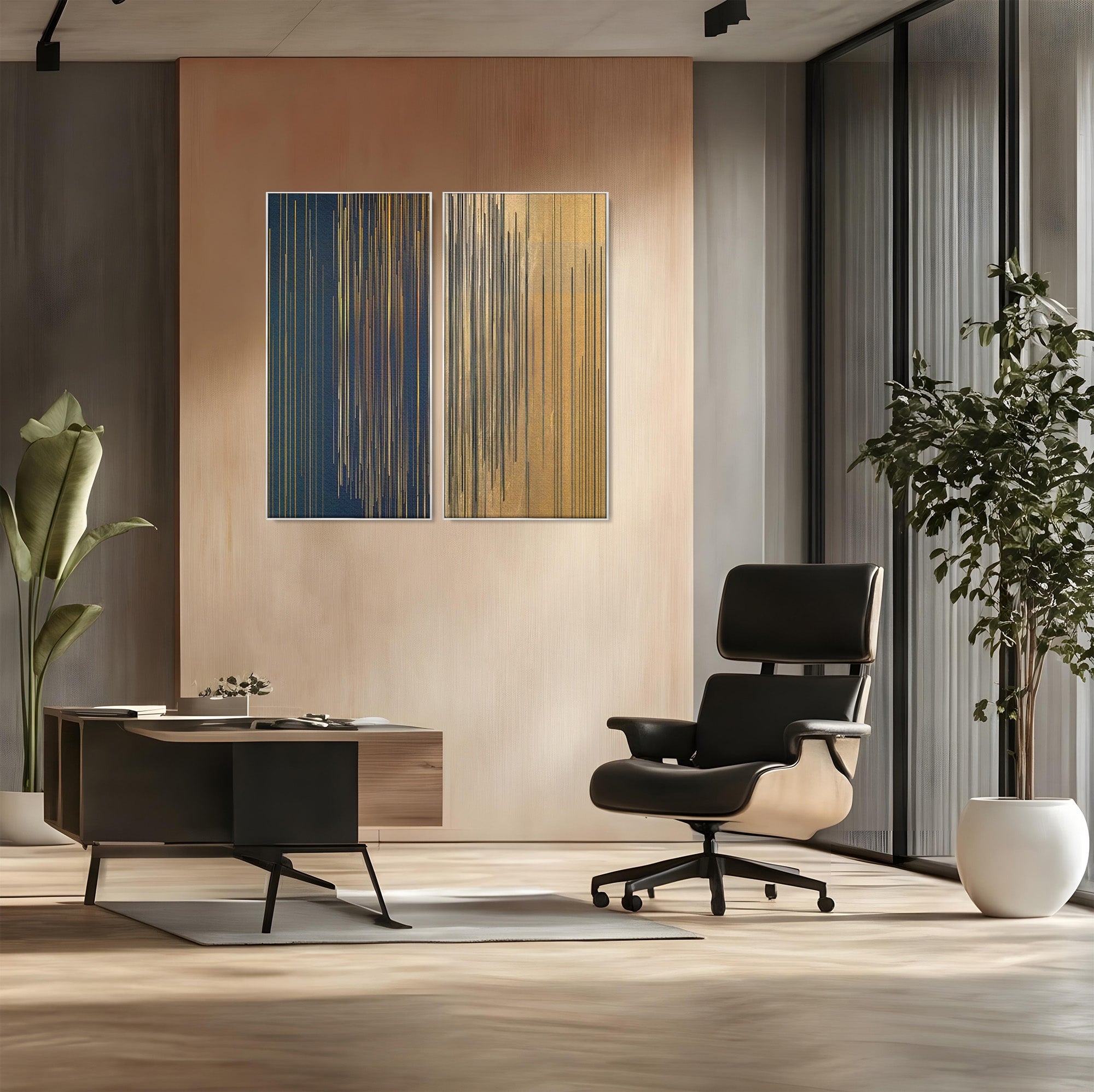Set 2 Tablouri Canvas Premium LuxCanva® C2-1202, Gold And Black Stripes, Relaxare, Living Room, Culori Vibrante