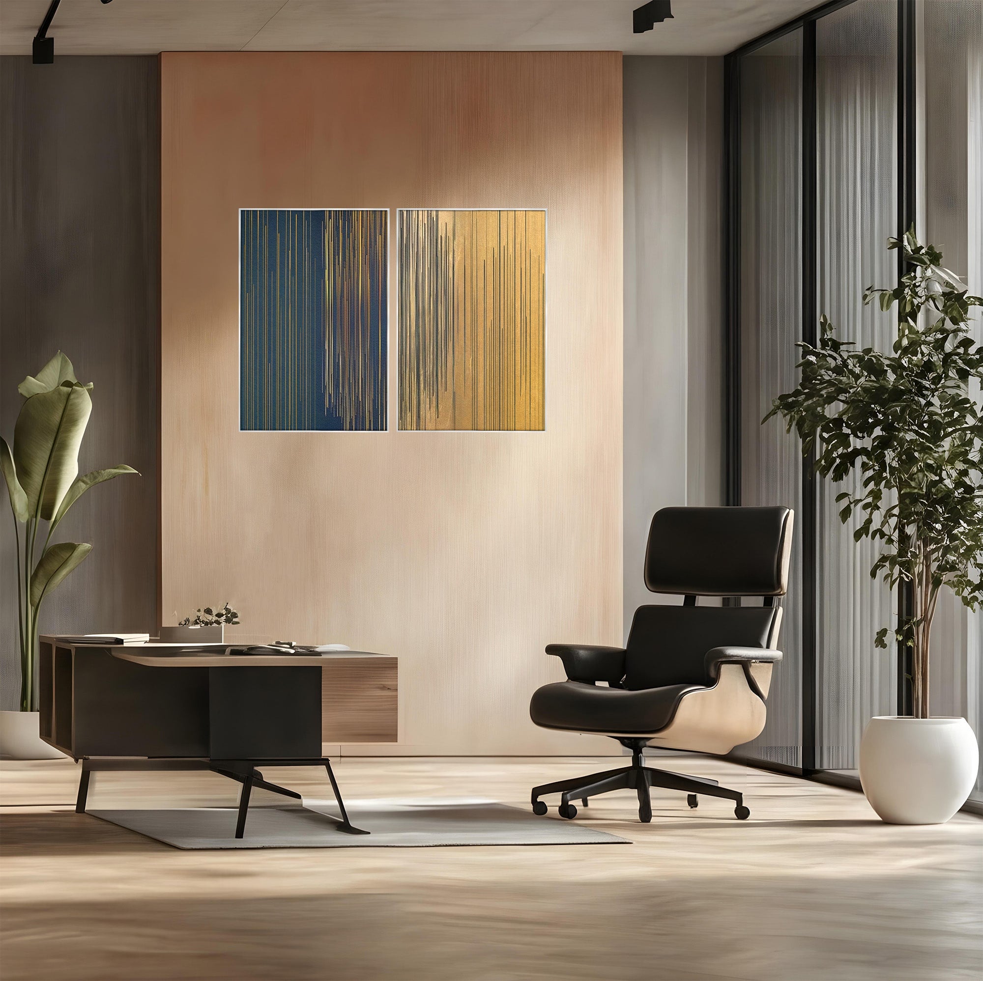 Set 2 Tablouri Canvas Premium LuxCanva® C2-1202, Gold And Black Stripes, Relaxare, Living Room, Culori Vibrante