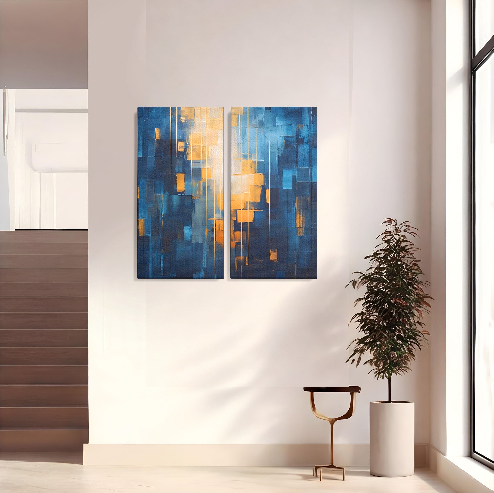 Set 2 Tablouri Canvas Premium LuxCanva® C2-1207, Gold And Blue Paint, Relaxare, Living Room, Culori Vibrante