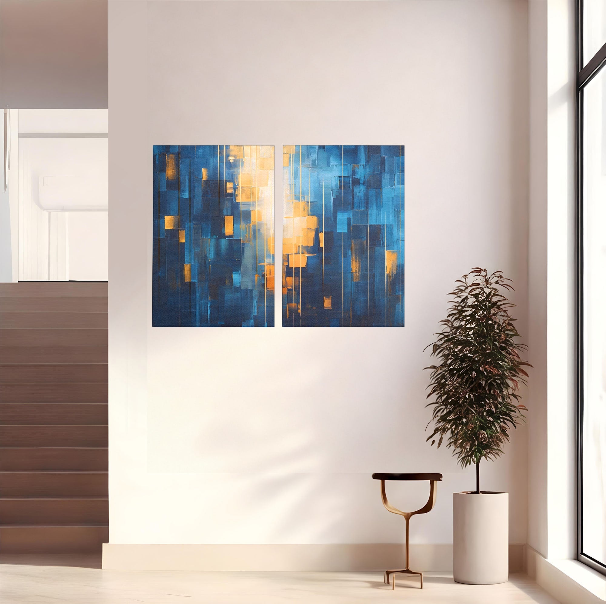 Set 2 Tablouri Canvas Premium LuxCanva® C2-1207, Gold And Blue Paint, Relaxare, Living Room, Culori Vibrante