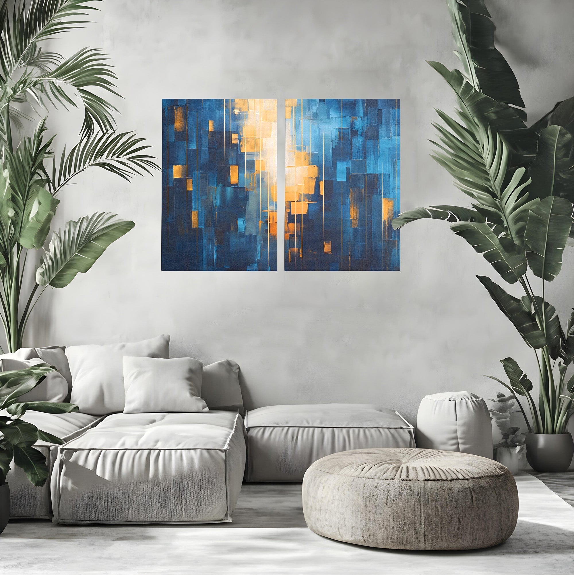 Set 2 Tablouri Canvas Premium LuxCanva® C2-1207, Gold And Blue Paint, Relaxare, Living Room, Culori Vibrante