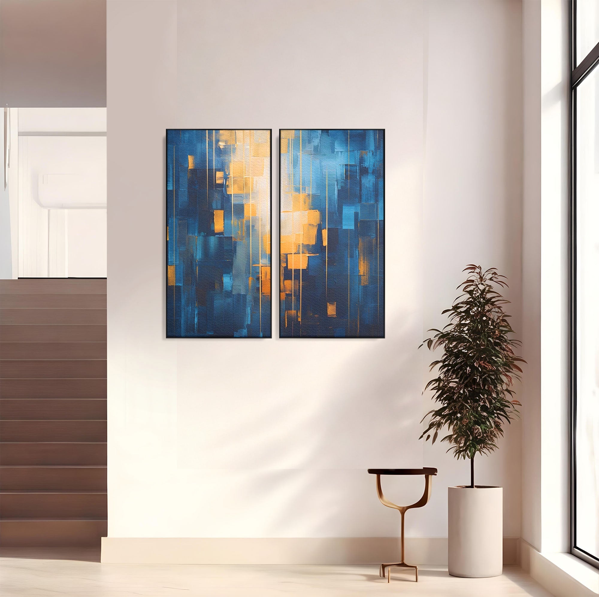 Set 2 Tablouri Canvas Premium LuxCanva® C2-1207, Gold And Blue Paint, Relaxare, Living Room, Culori Vibrante