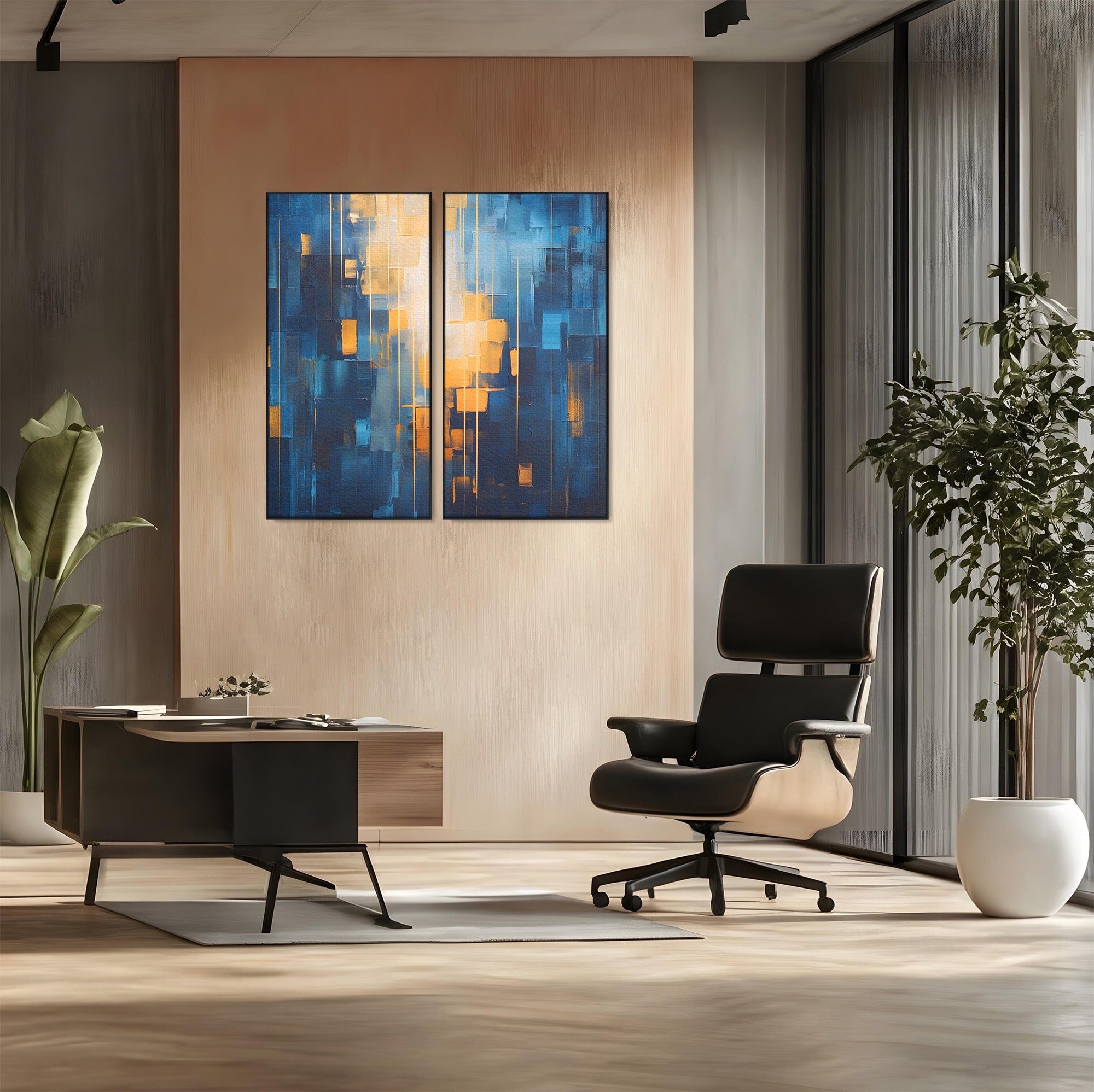 Set 2 Tablouri Canvas Premium LuxCanva® C2-1207, Gold And Blue Paint, Relaxare, Living Room, Culori Vibrante