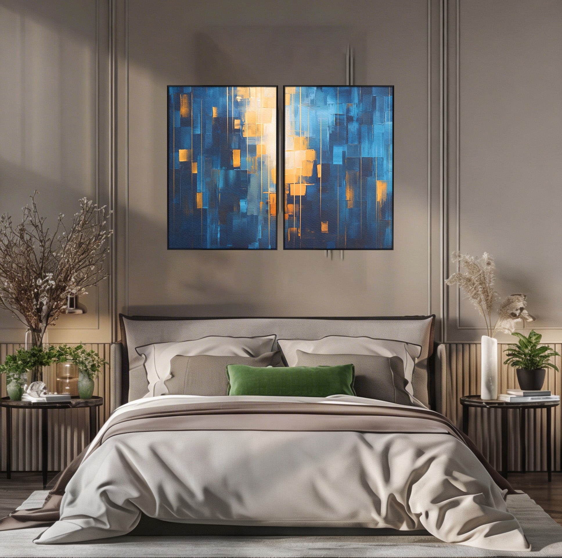 Set 2 Tablouri Canvas Premium LuxCanva® C2-1207, Gold And Blue Paint, Relaxare, Living Room, Culori Vibrante