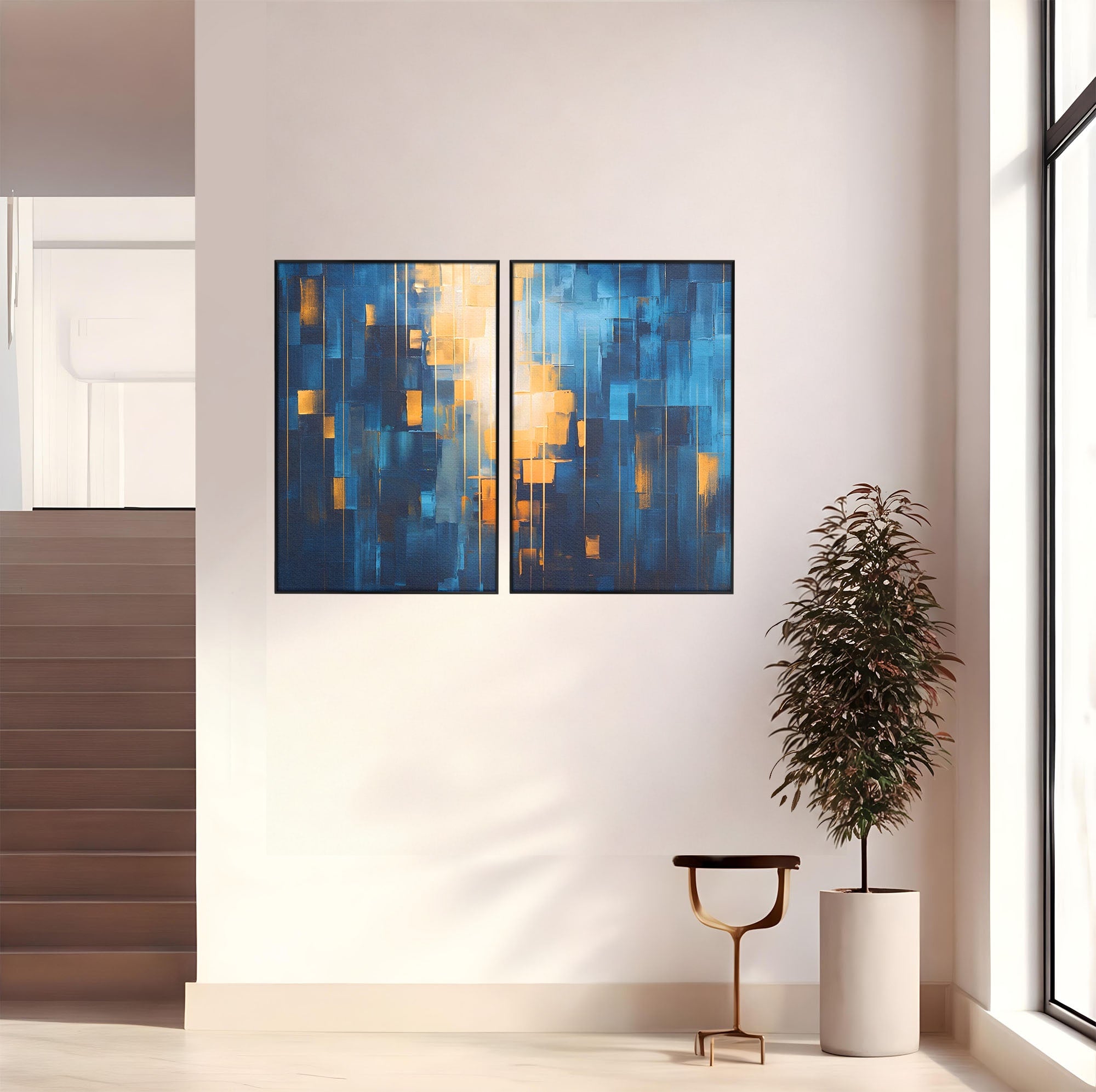 Set 2 Tablouri Canvas Premium LuxCanva® C2-1207, Gold And Blue Paint, Relaxare, Living Room, Culori Vibrante