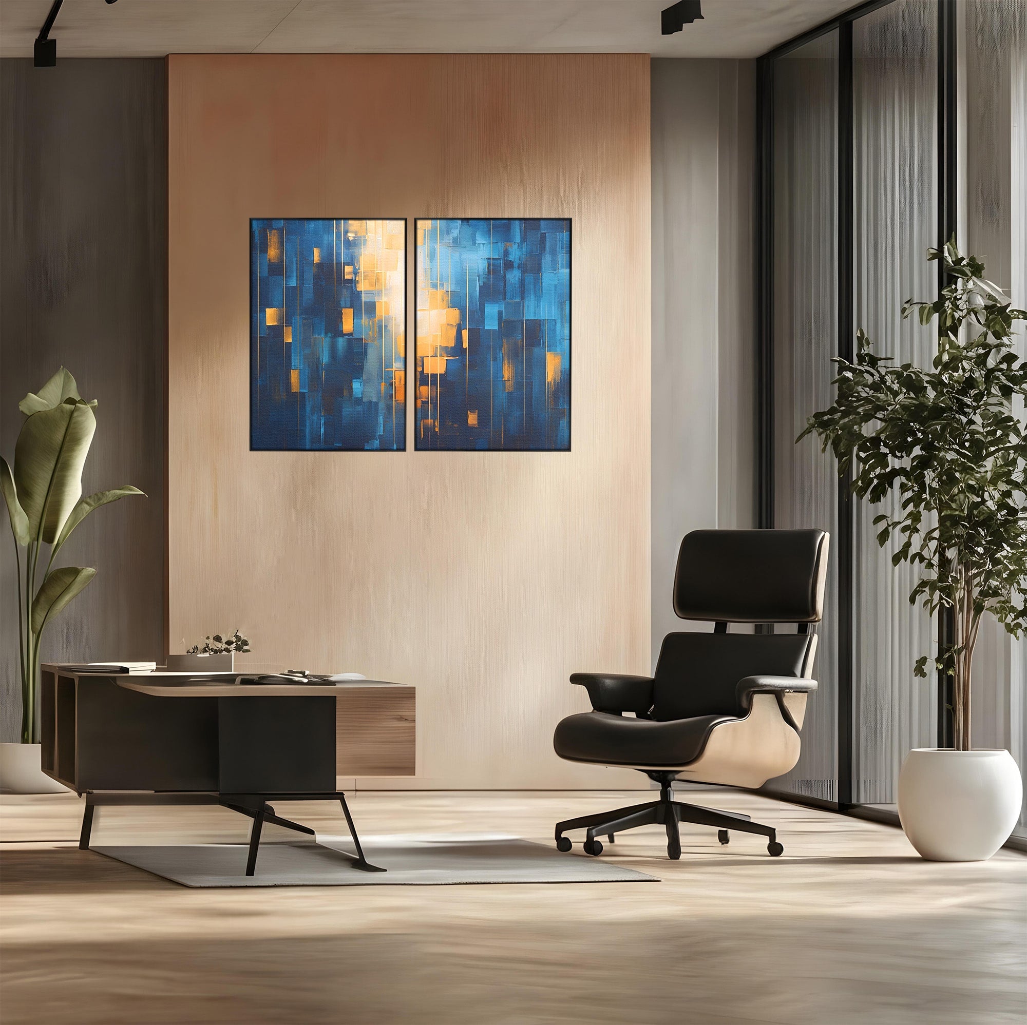 Set 2 Tablouri Canvas Premium LuxCanva® C2-1207, Gold And Blue Paint, Relaxare, Living Room, Culori Vibrante