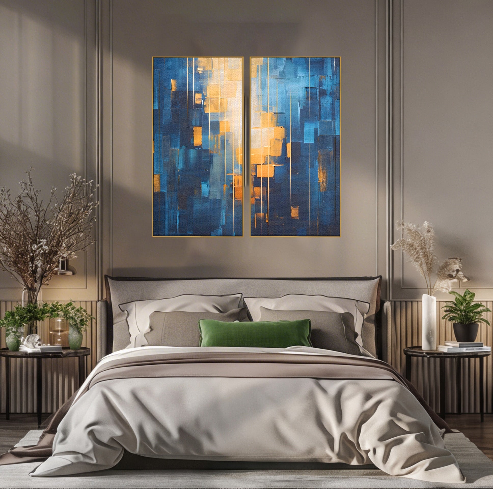 Set 2 Tablouri Canvas Premium LuxCanva® C2-1207, Gold And Blue Paint, Relaxare, Living Room, Culori Vibrante
