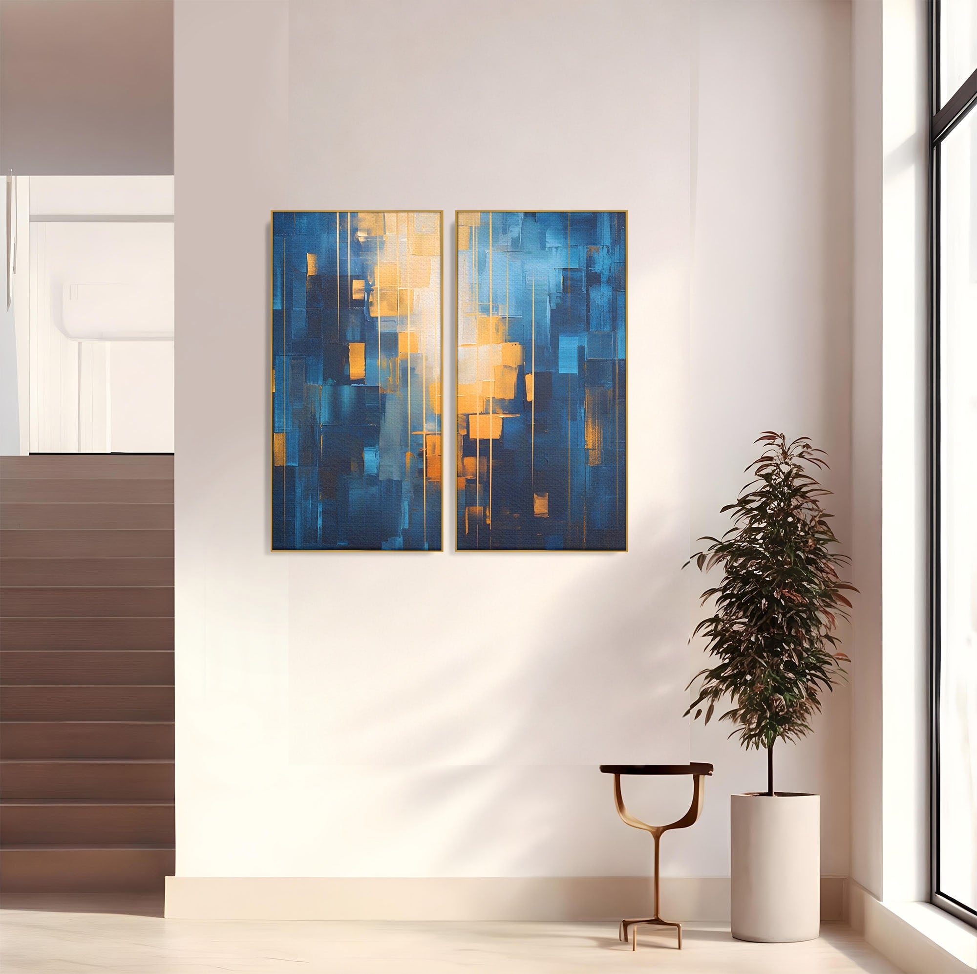 Set 2 Tablouri Canvas Premium LuxCanva® C2-1207, Gold And Blue Paint, Relaxare, Living Room, Culori Vibrante