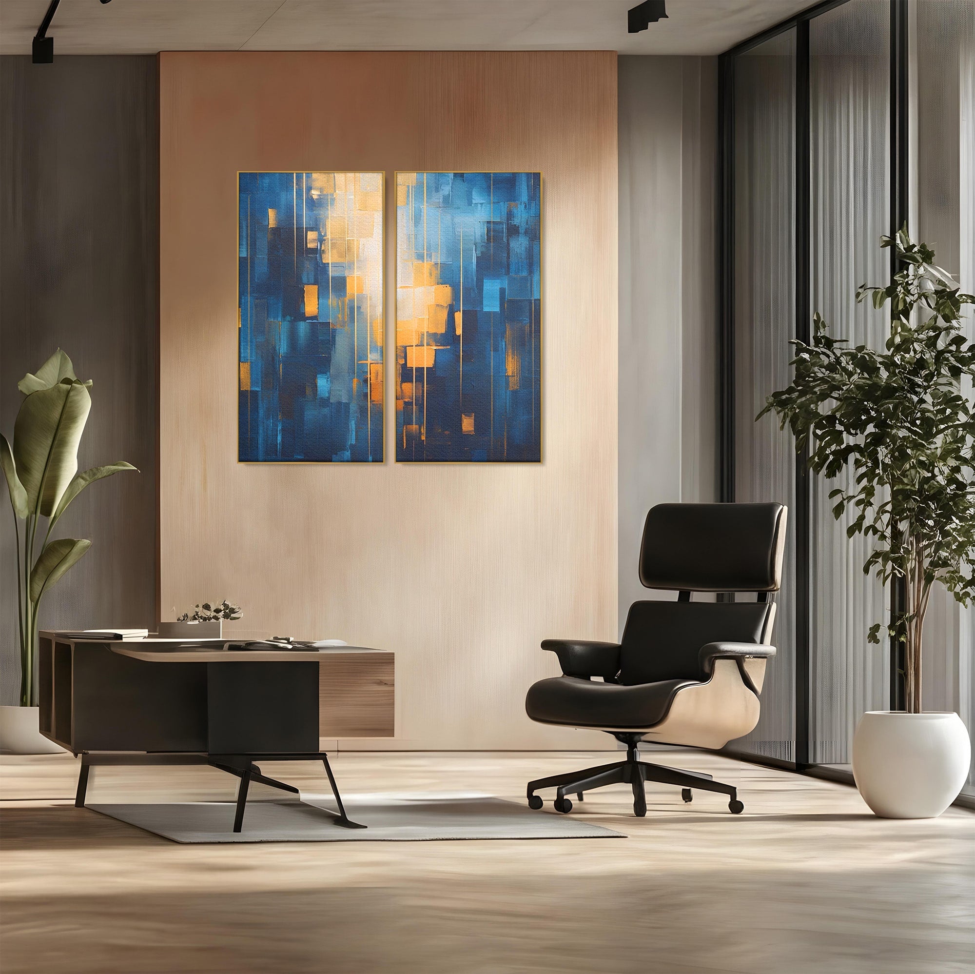 Set 2 Tablouri Canvas Premium LuxCanva® C2-1207, Gold And Blue Paint, Relaxare, Living Room, Culori Vibrante