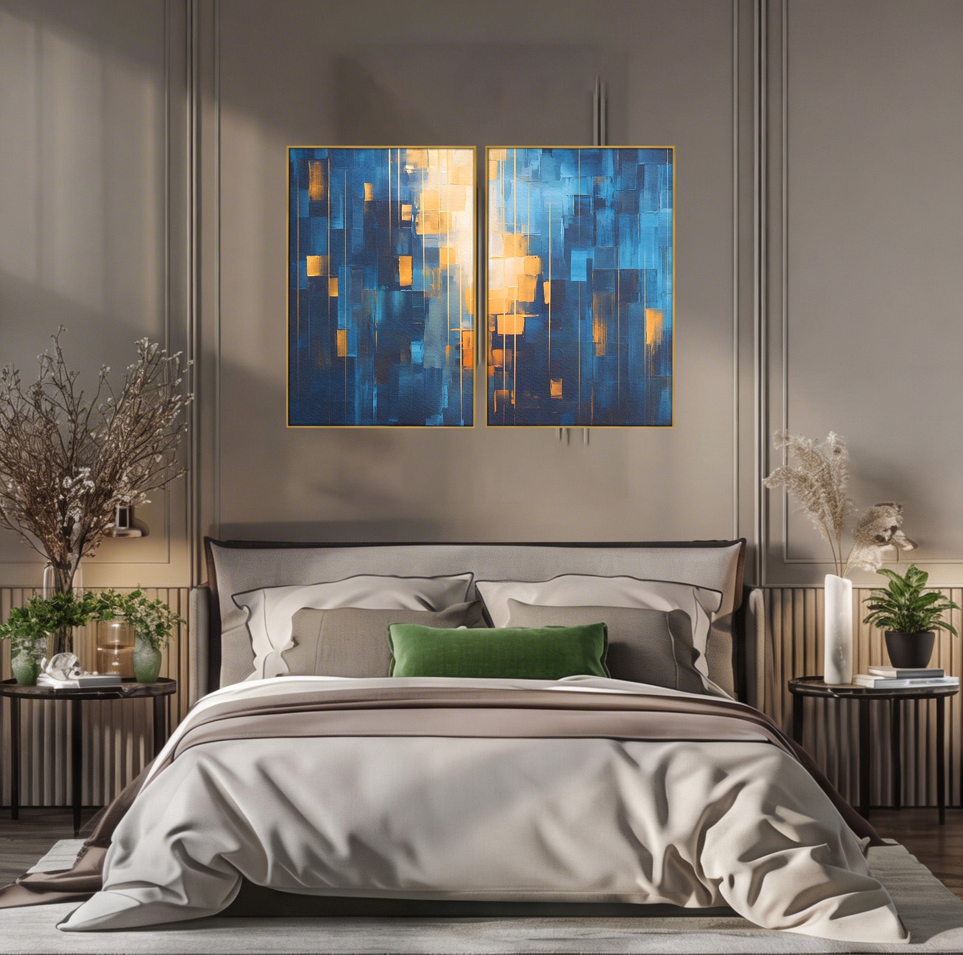 Set 2 Tablouri Canvas Premium LuxCanva® C2-1207, Gold And Blue Paint, Relaxare, Living Room, Culori Vibrante