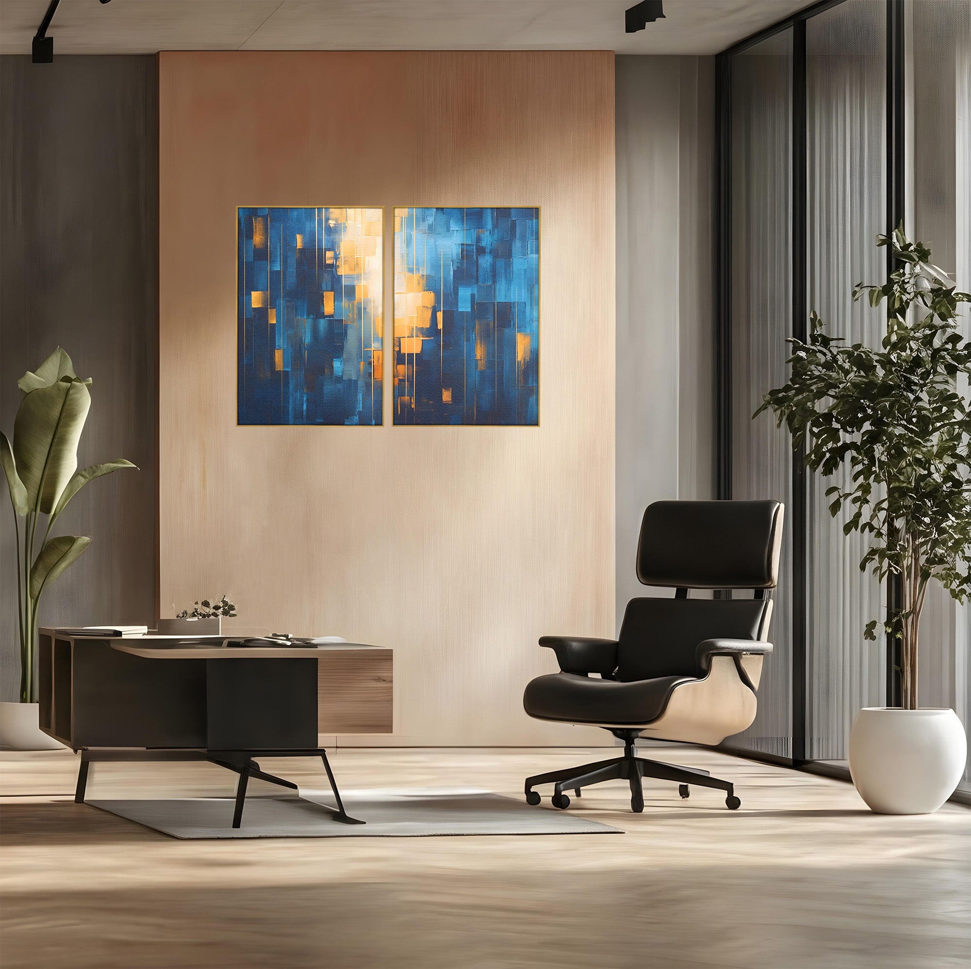 Set 2 Tablouri Canvas Premium LuxCanva® C2-1207, Gold And Blue Paint, Relaxare, Living Room, Culori Vibrante
