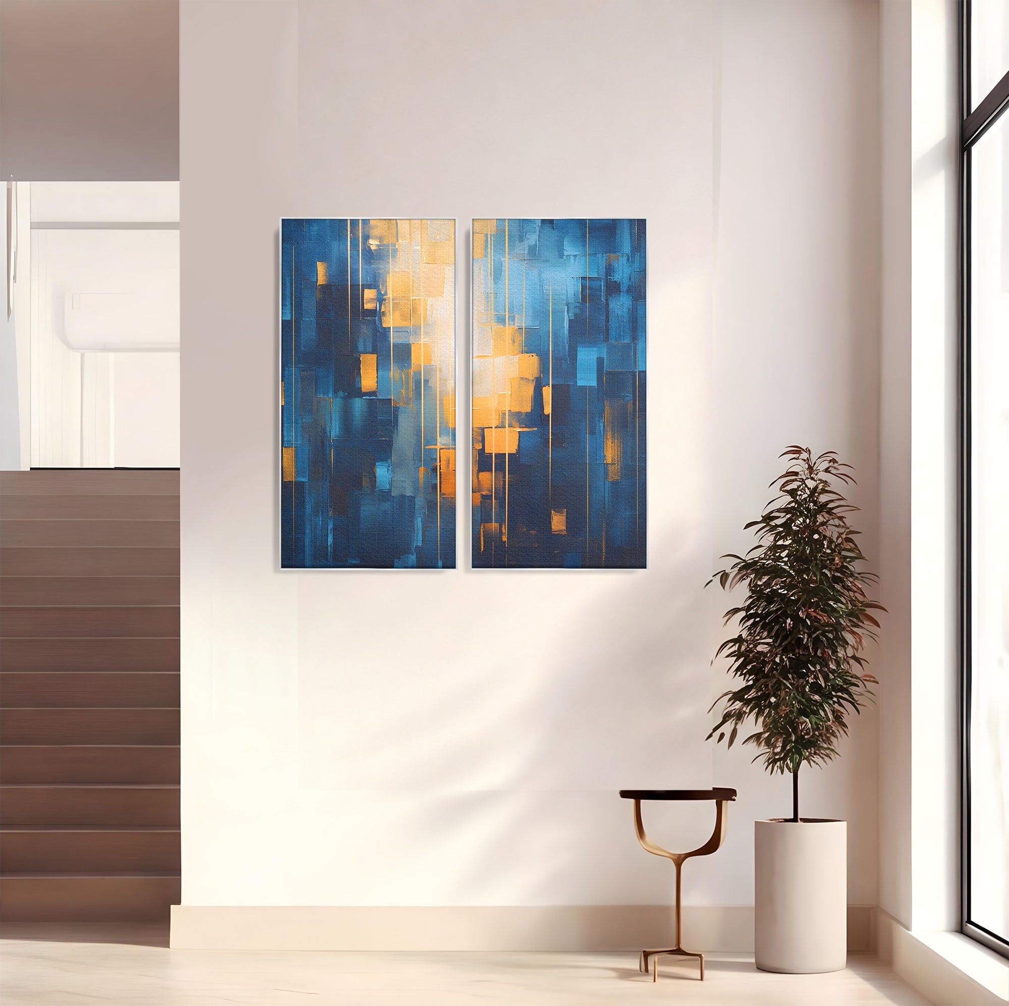 Set 2 Tablouri Canvas Premium LuxCanva® C2-1207, Gold And Blue Paint, Relaxare, Living Room, Culori Vibrante