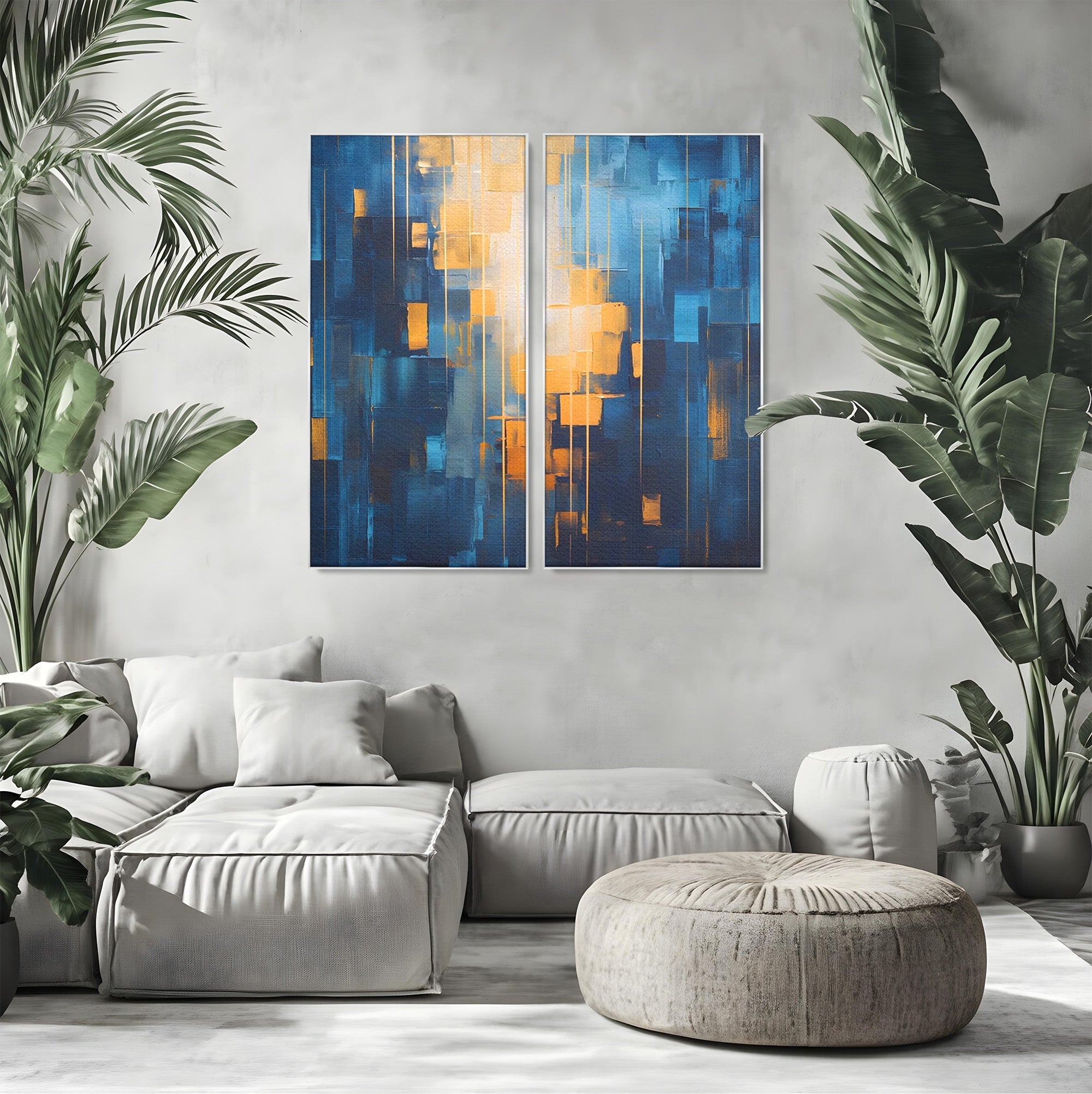 Set 2 Tablouri Canvas Premium LuxCanva® C2-1207, Gold And Blue Paint, Relaxare, Living Room, Culori Vibrante