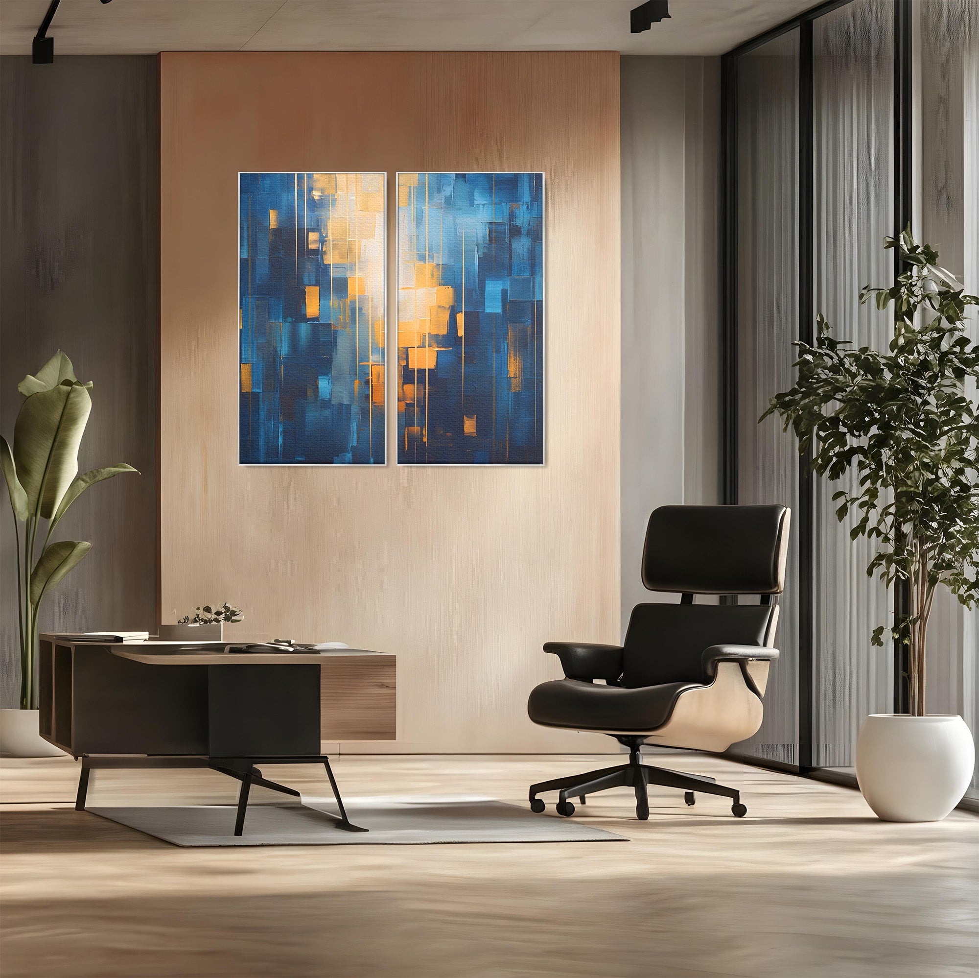 Set 2 Tablouri Canvas Premium LuxCanva® C2-1207, Gold And Blue Paint, Relaxare, Living Room, Culori Vibrante