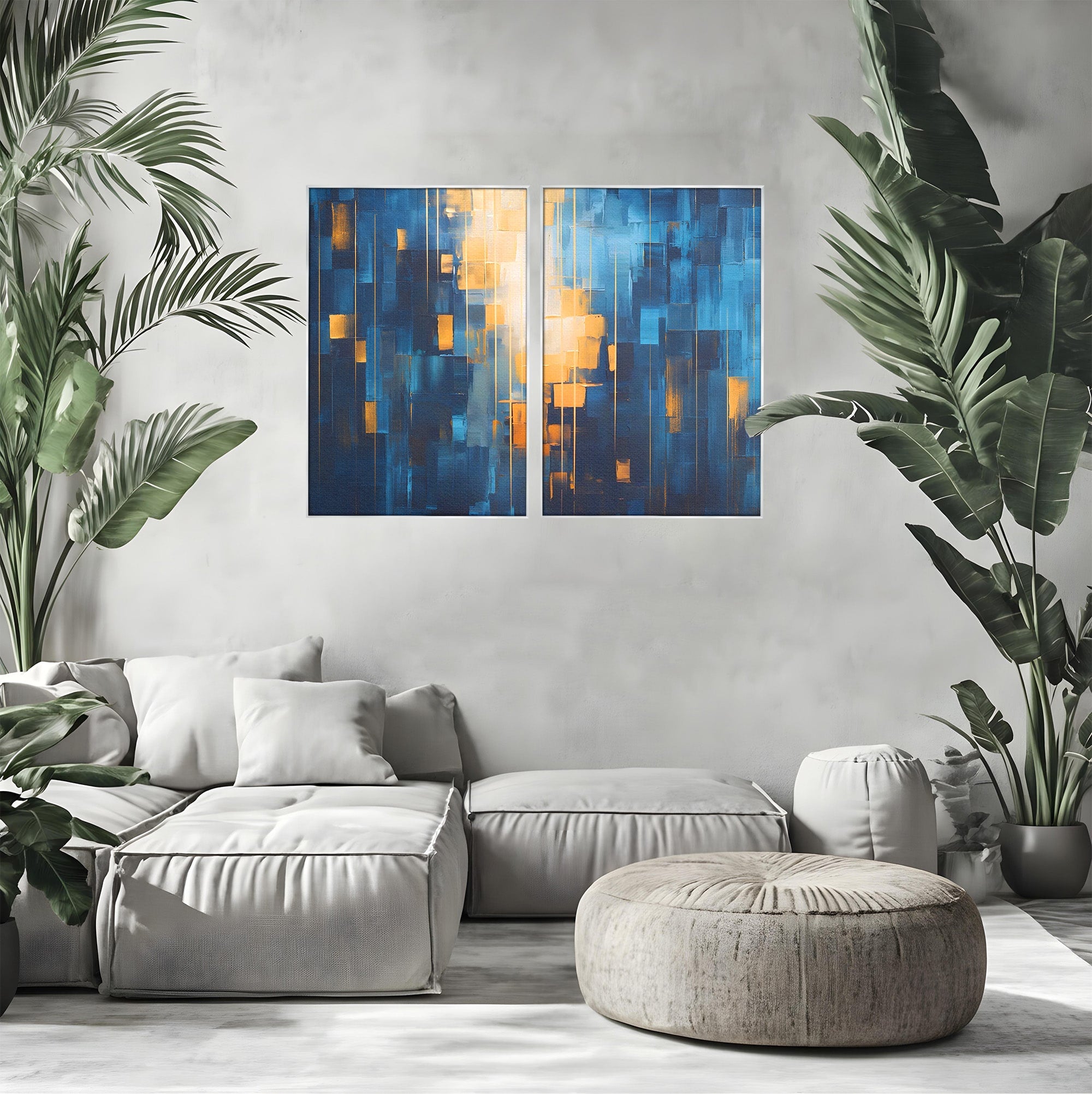 Set 2 Tablouri Canvas Premium LuxCanva® C2-1207, Gold And Blue Paint, Relaxare, Living Room, Culori Vibrante