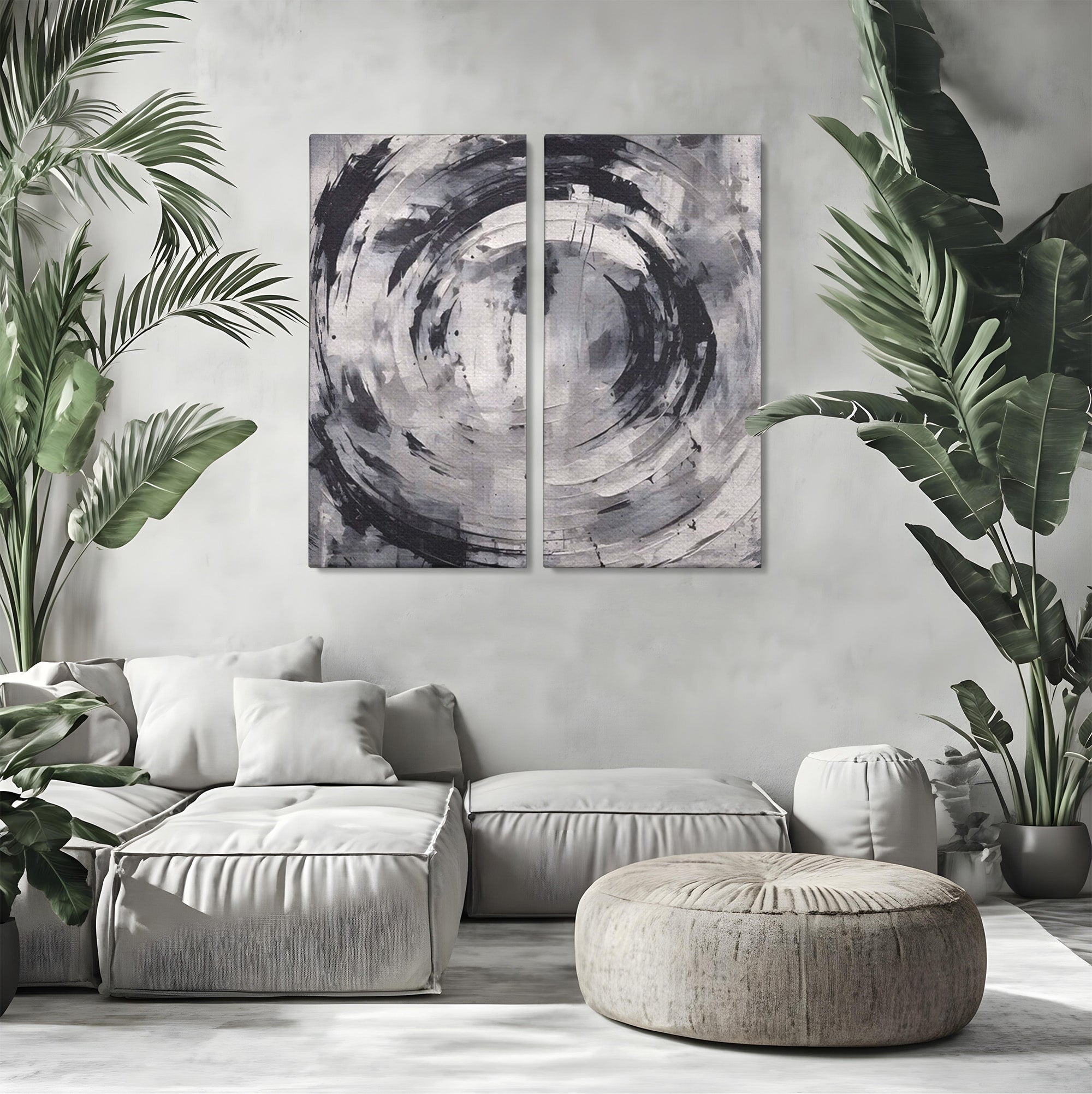 Set 2 Tablouri Canvas Premium LuxCanva® C2-1217, Abstract Round Paint, Culori, Decorativ, Living Room, Culori Vibrante