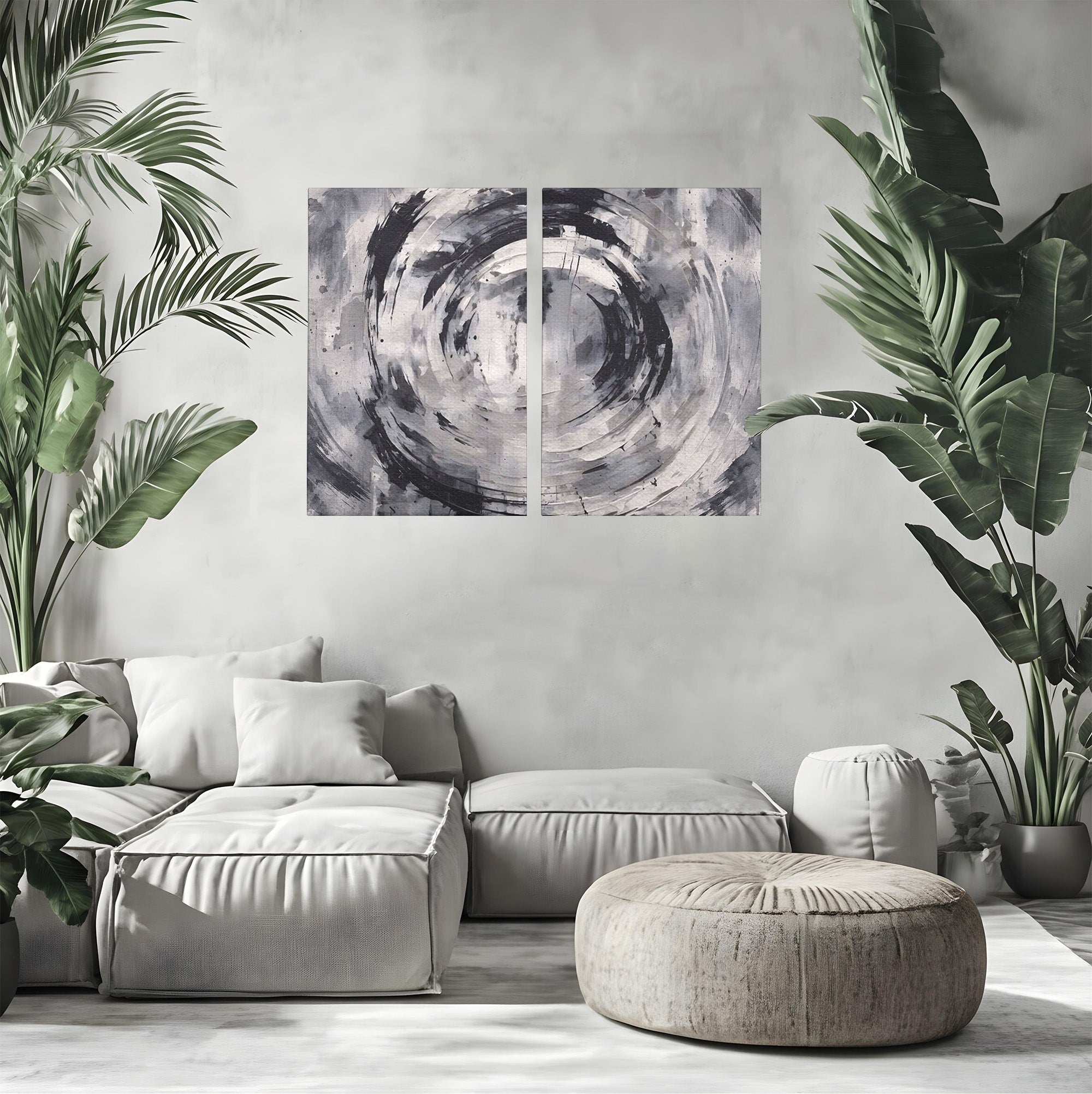 Set 2 Tablouri Canvas Premium LuxCanva® C2-1217, Abstract Round Paint, Culori, Decorativ, Living Room, Culori Vibrante