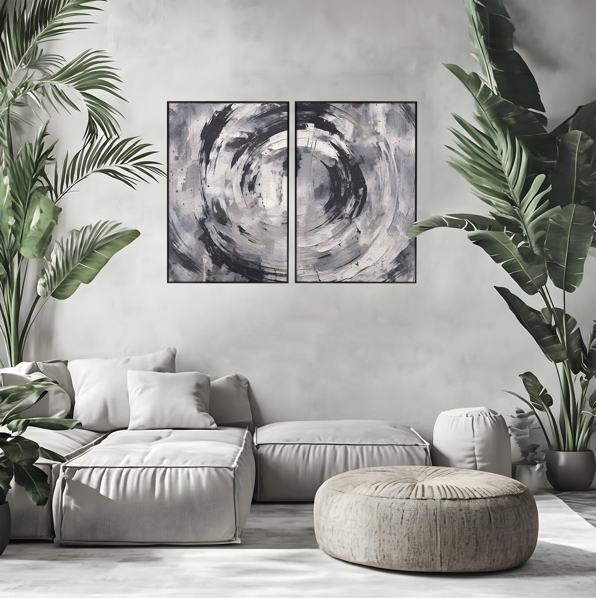 Set 2 Tablouri Canvas Premium LuxCanva® C2-1217, Abstract Round Paint, Culori, Decorativ, Living Room, Culori Vibrante